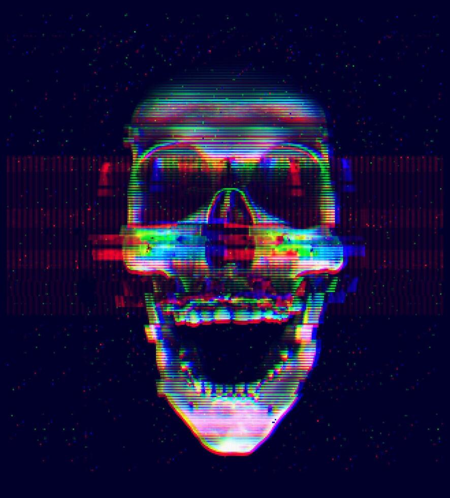 886x980 Vector illustration of a distorted glitchy style skull. Digital glitch art with pixelated colorful pixels. Dark, futuristic background with blue and violet neon glowing effects. Cyber horror concept. 40973395 Vector Art
