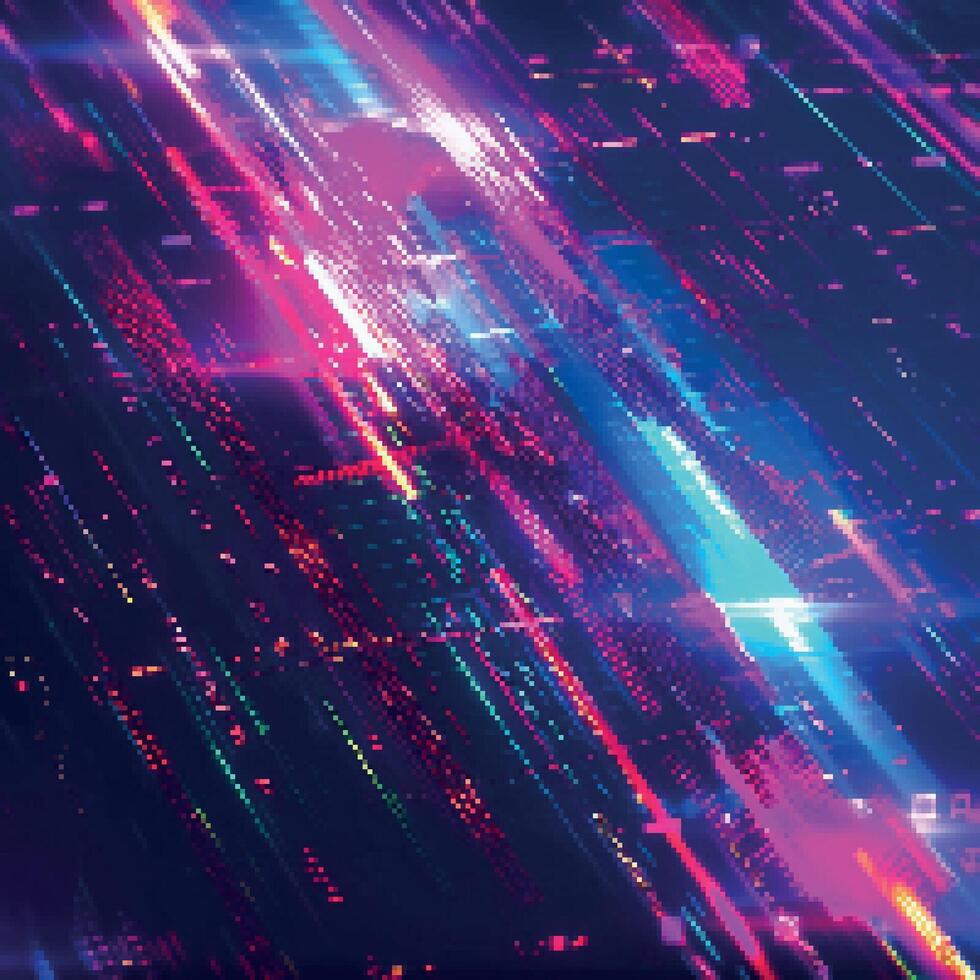 980x980 Neon Background With Pixel Glitches And Flickers. Futuristic Geometric Cyberspace. Hi Tech Concept. Colorful Pixel Effect Background