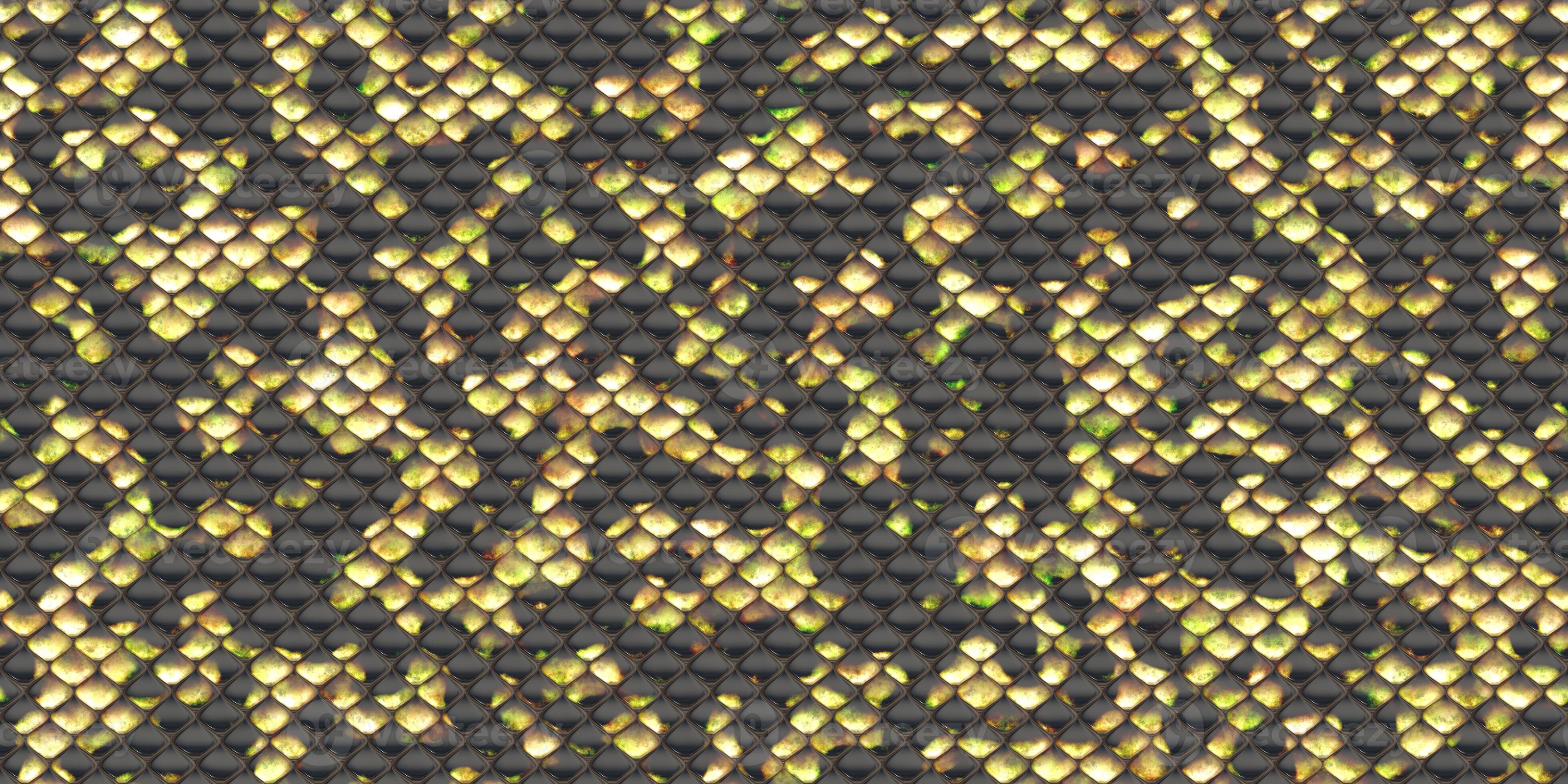 3919x1960 Black and yellow snake leather seamless textures. Reptile skin background. Reptilian scale pattern. Snakeskin surface. Dangerous wildlife backdrop