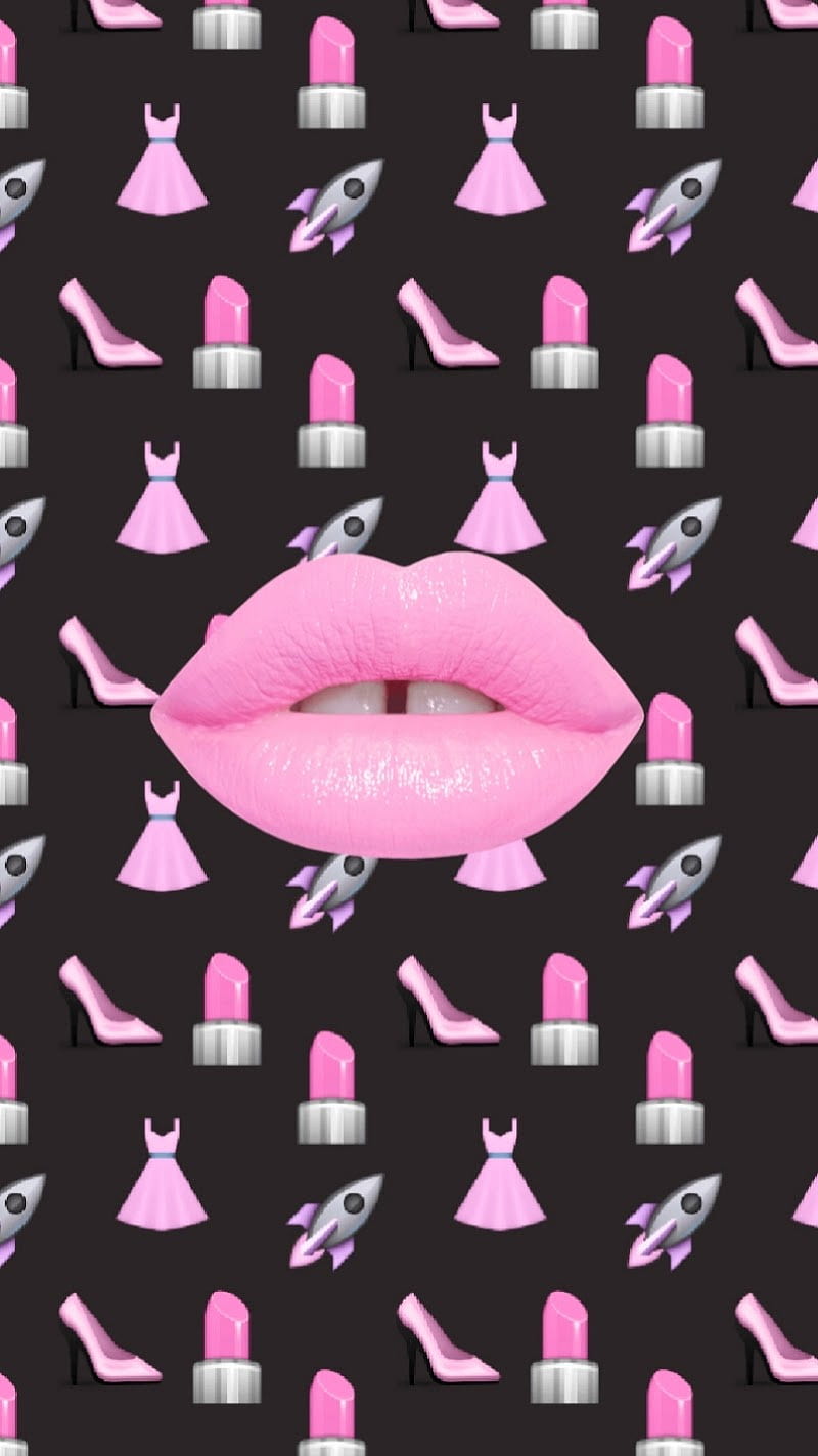 800x1423 Pink lipstick, black, girlie, lips, pattern, HD phone wallpaper