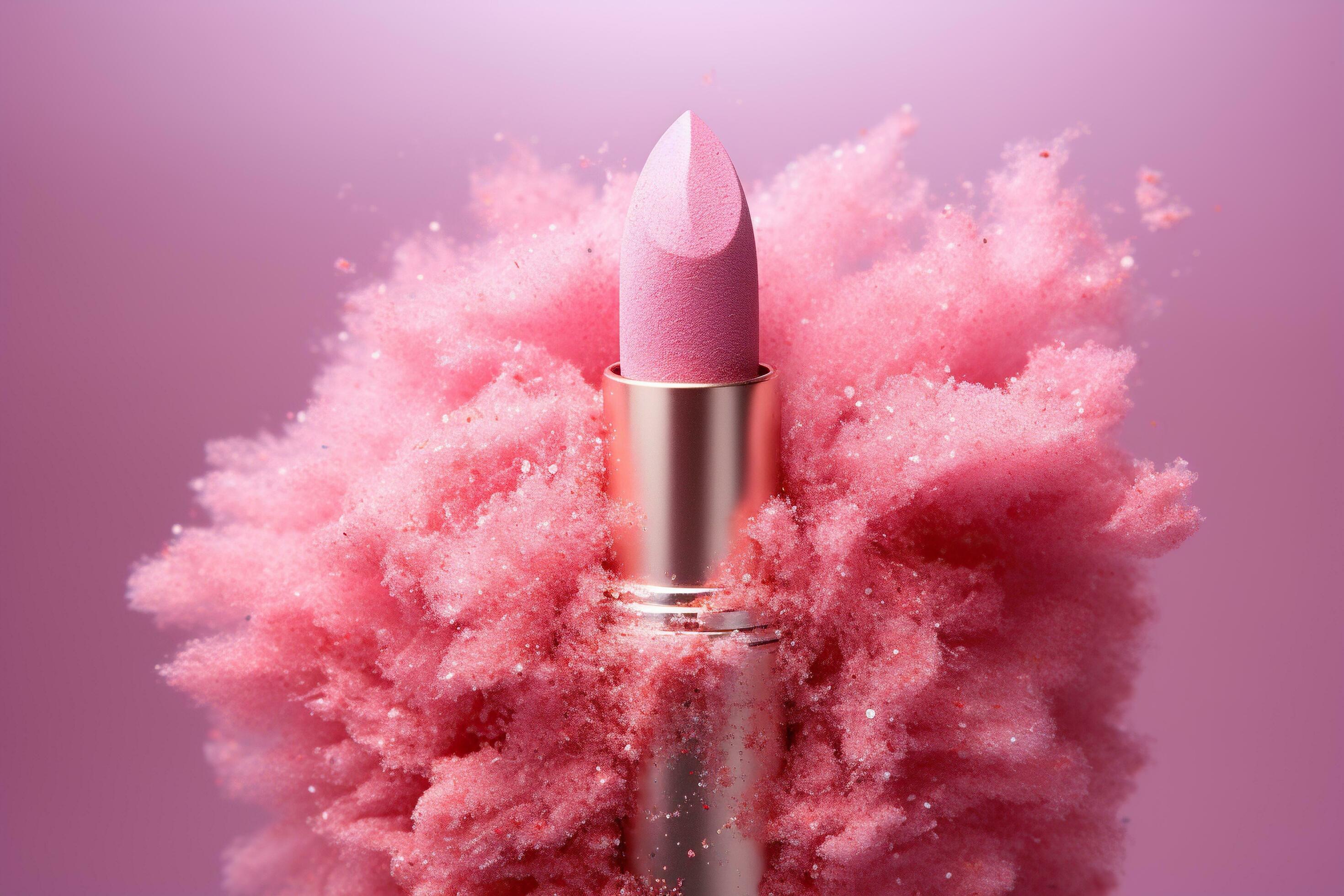 2940x1960 Pink lipstick in a fluffy pink cloud with glitter on a pink background. Makeup product. Generated
