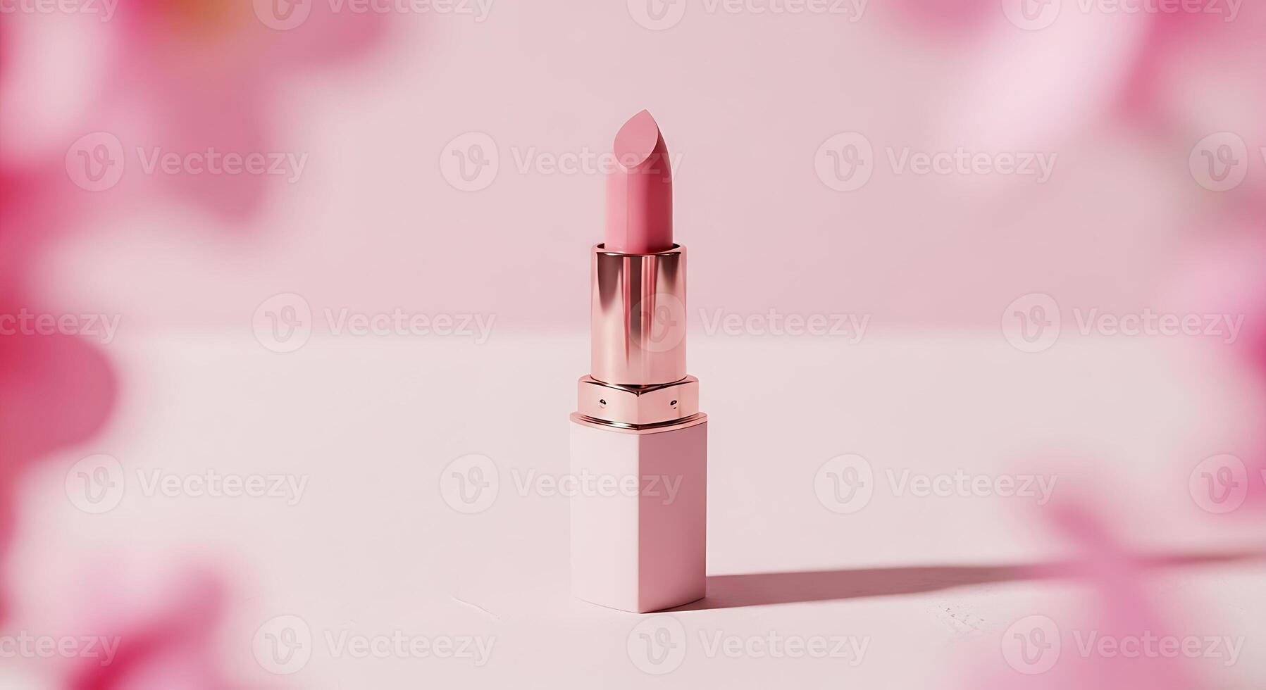 1797x980 Elegant pink lipstick stands upright on a light surface with soft pink floral bokeh background