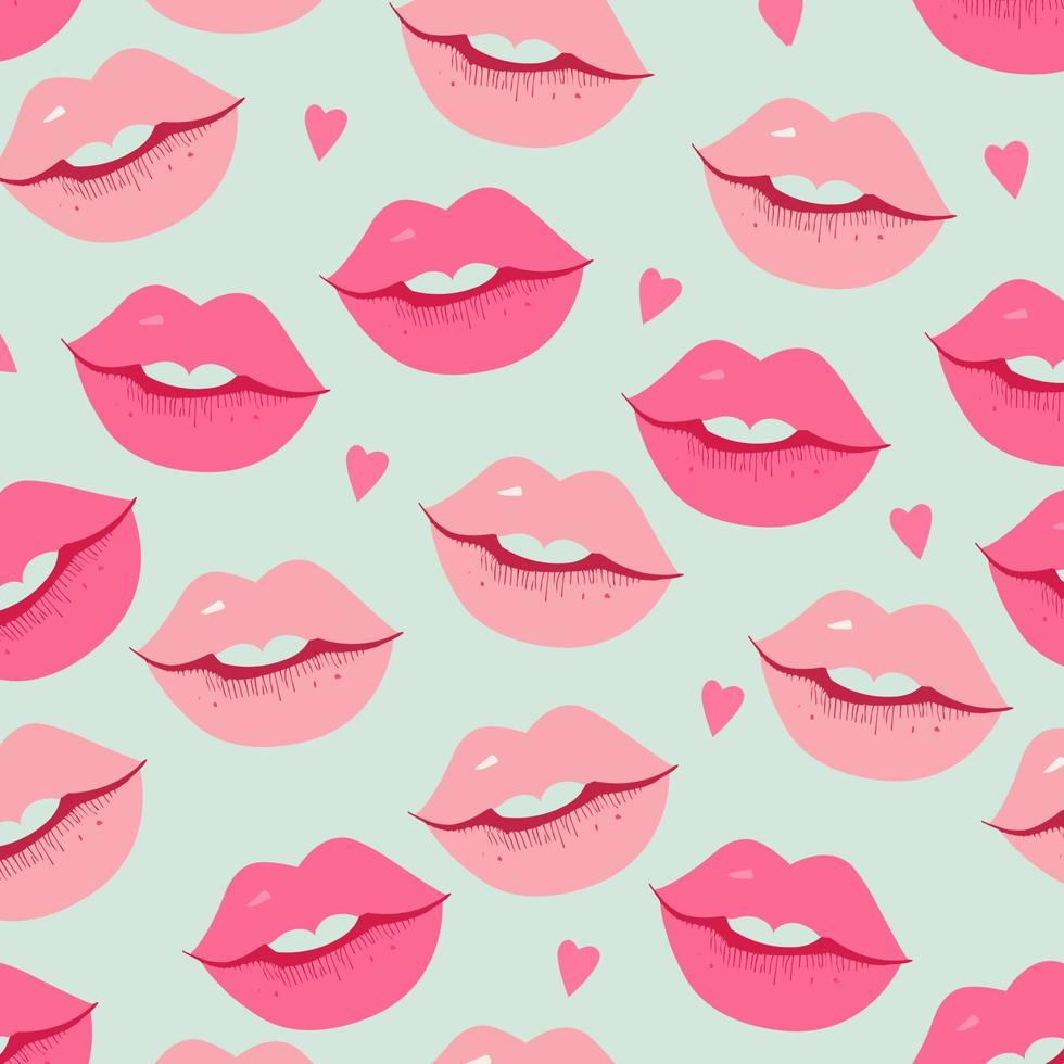 980x980 Beautiful Pink Lips Pattern Background With Hearts. Love or Valentine's Day Concept