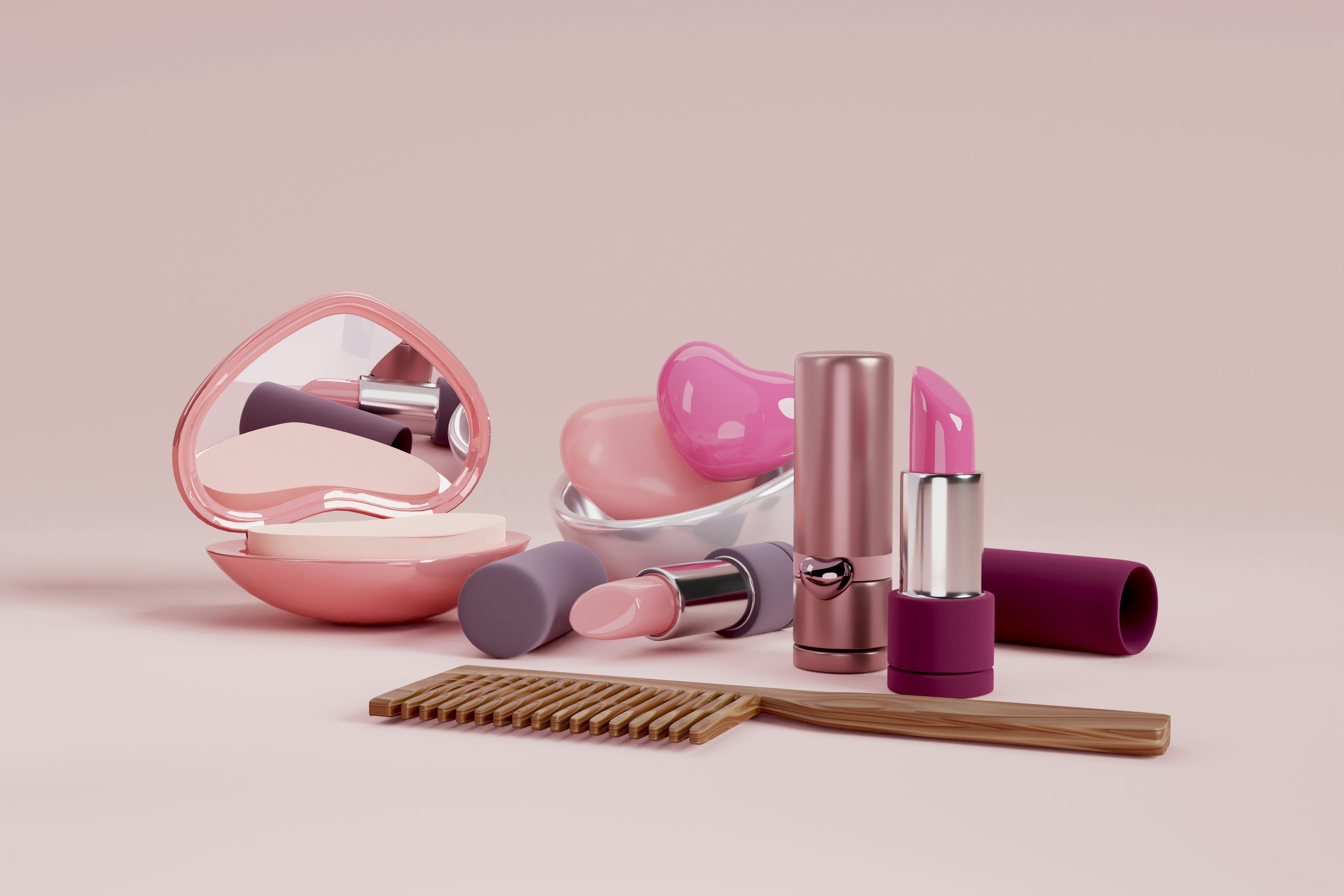 3000x2000 A collection of cosmetics and a comb on a pink background photo