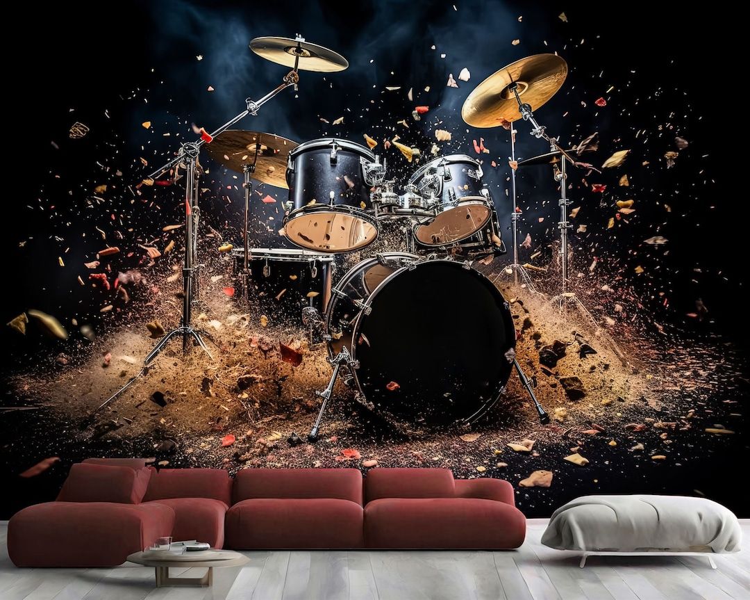 1080x863 Wallpaper, Drum Set 3D Illustration Wall Decal, Music Room Decor New Zealand