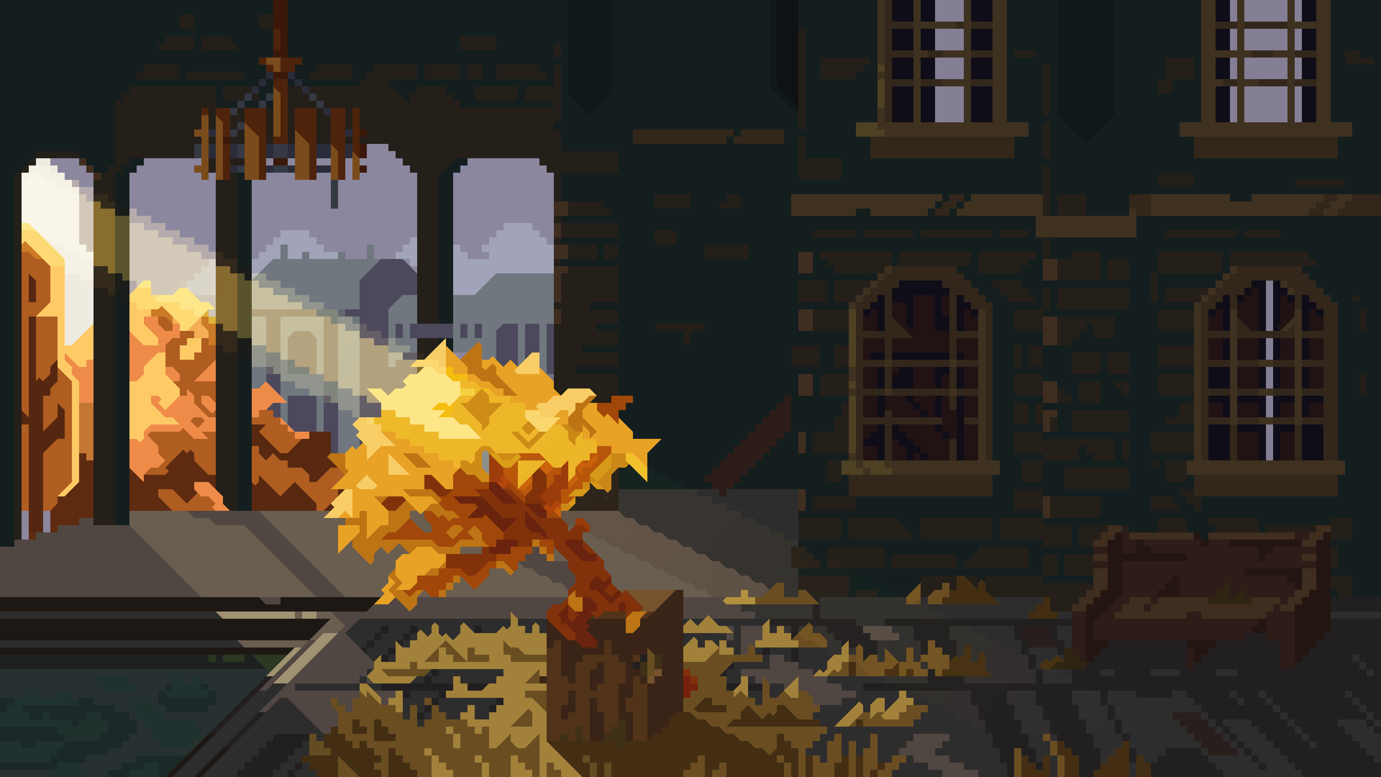4608x2592 4K Ultra HD Pixel Art: Autumn Glow in an Abandoned Mansionx2592