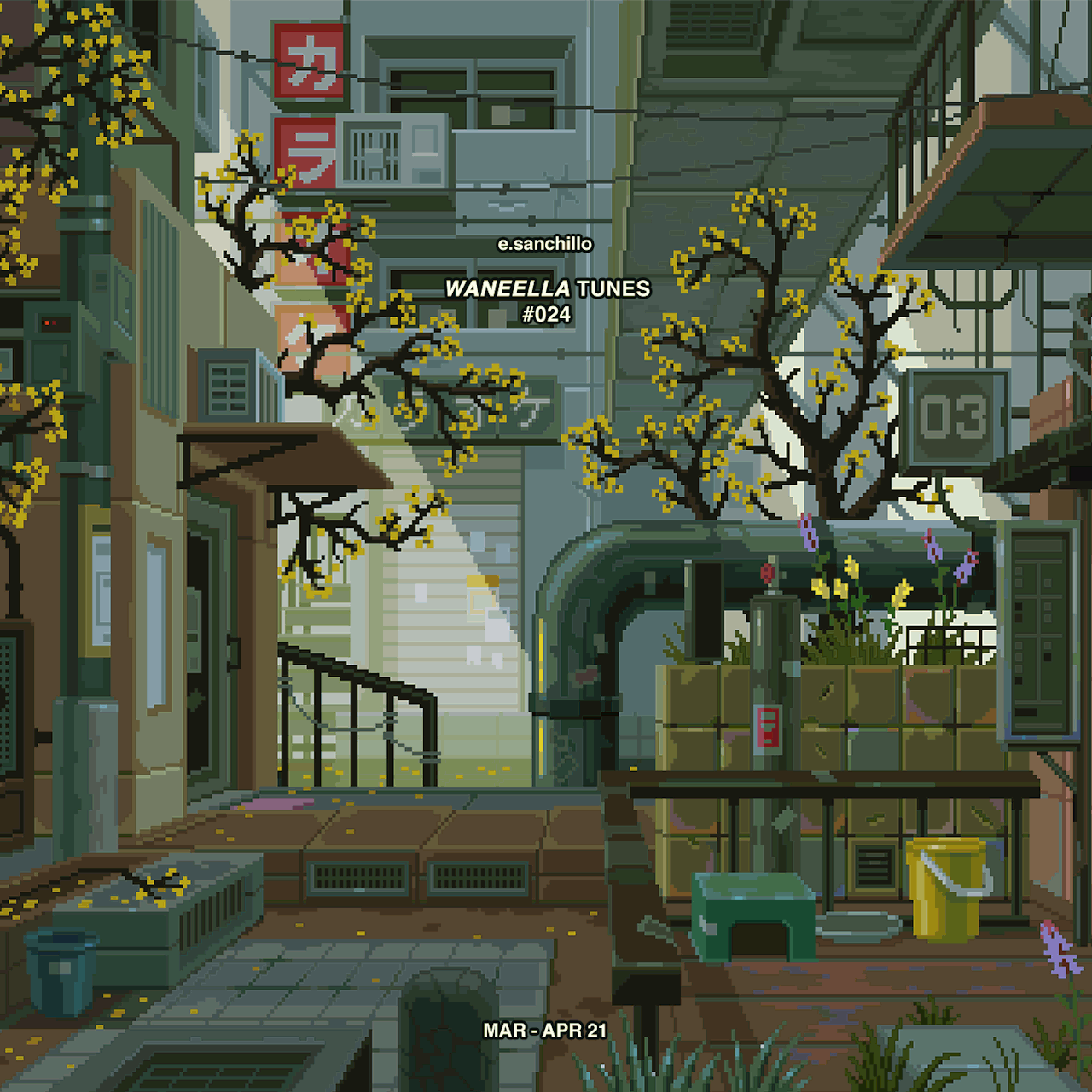 1280x1280 Pixel Art City Street with Yellow Flowers. Pixel art cityscape with plants, Spring pixel art