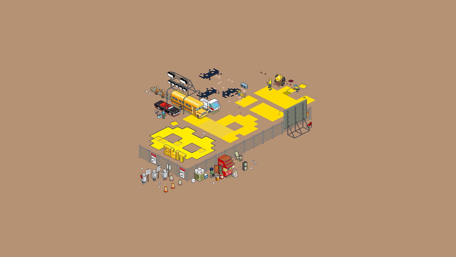 1920x1080 Resolution. Yellow Bus Illustration, Pixels, Artwork, Isometric, 8 Bit HD Wallpaper