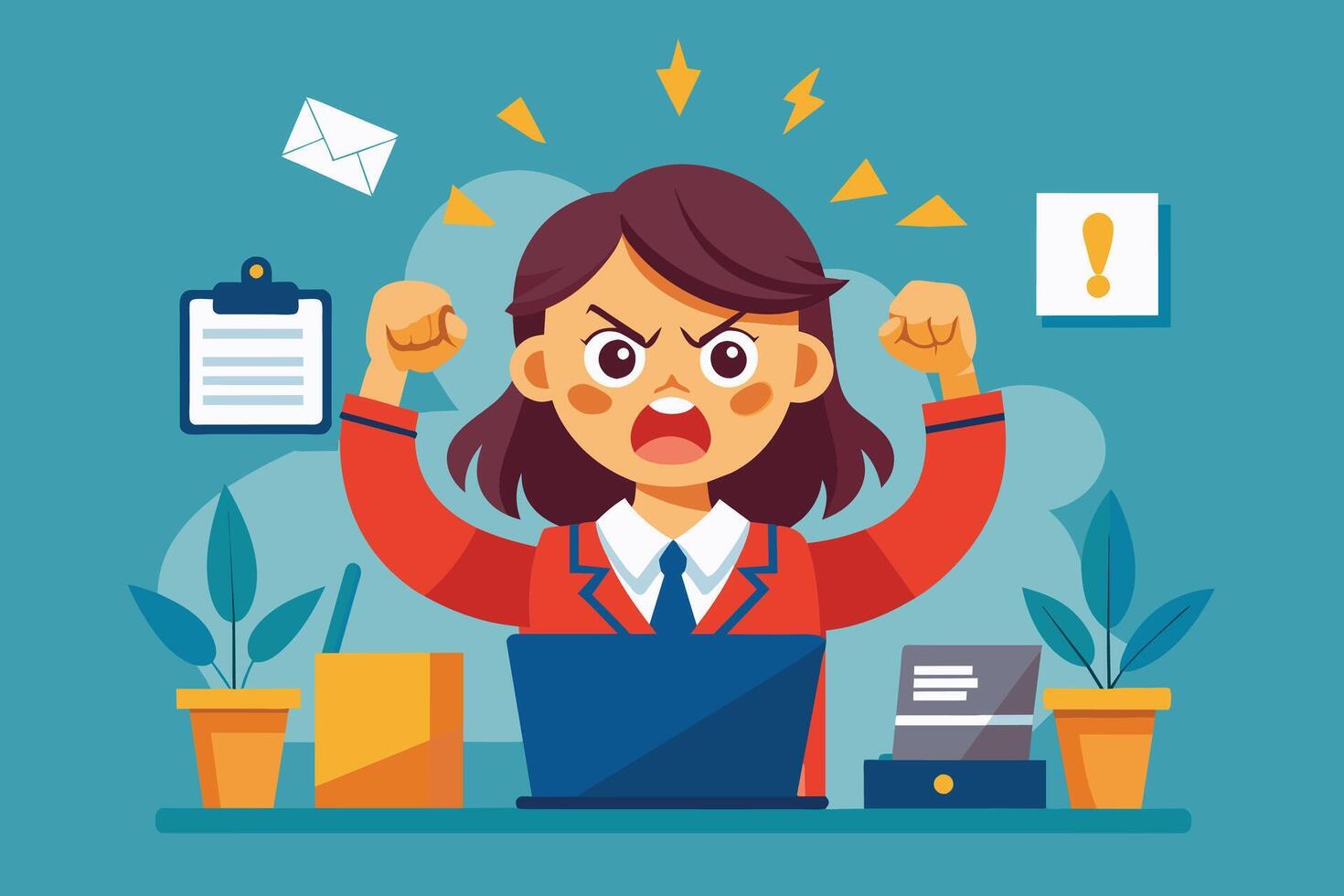 1470x980 A cartoon illustration of a businesswoman sitting at her desk with an angry expression. She is surrounded by paperwork, a computer, and other office supplies