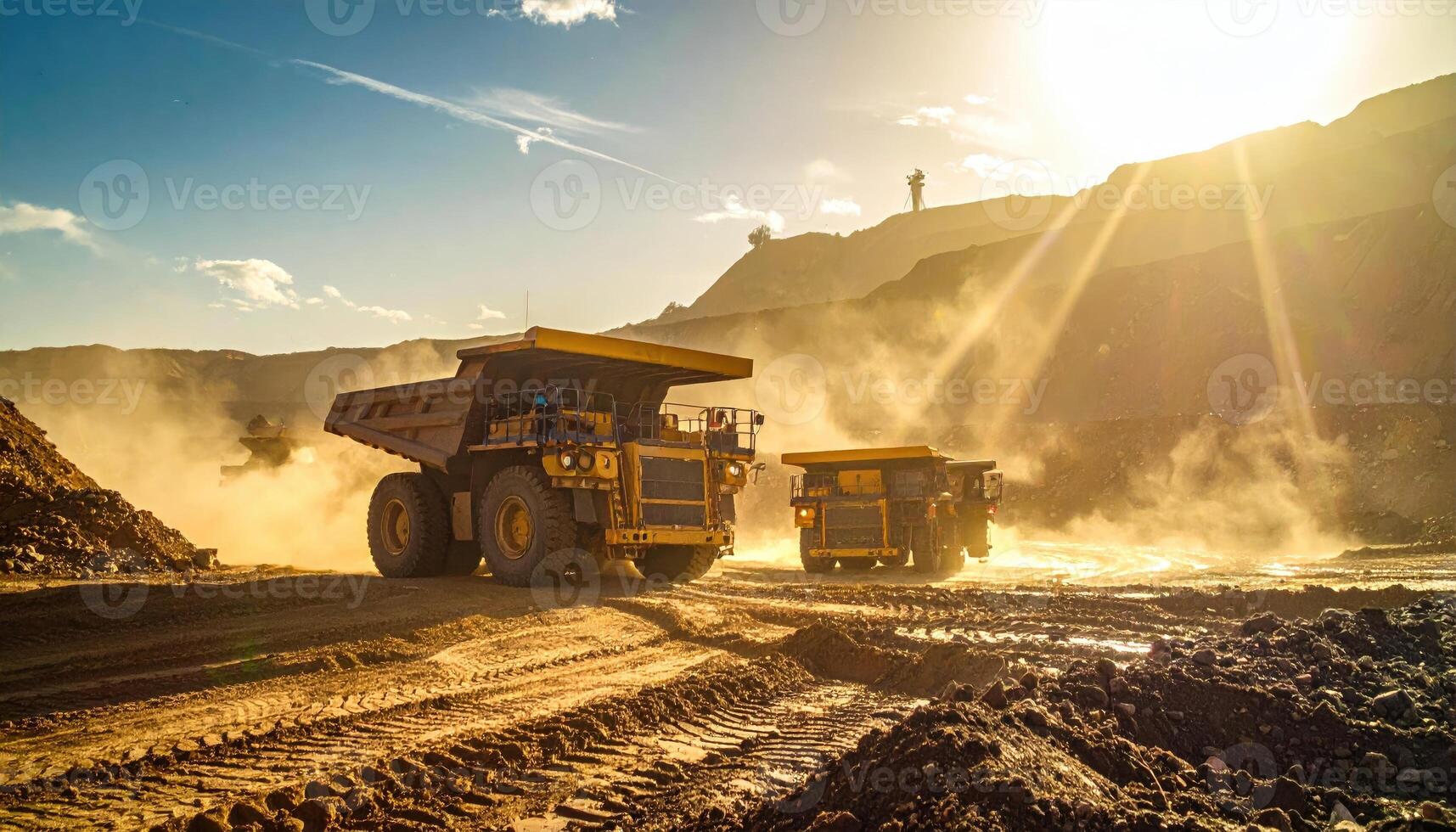 1715x980 Two Large Mining Trucks, Yellow And Tan, Traverse A Dusty, Sunlit Open Pit Mine Landscape