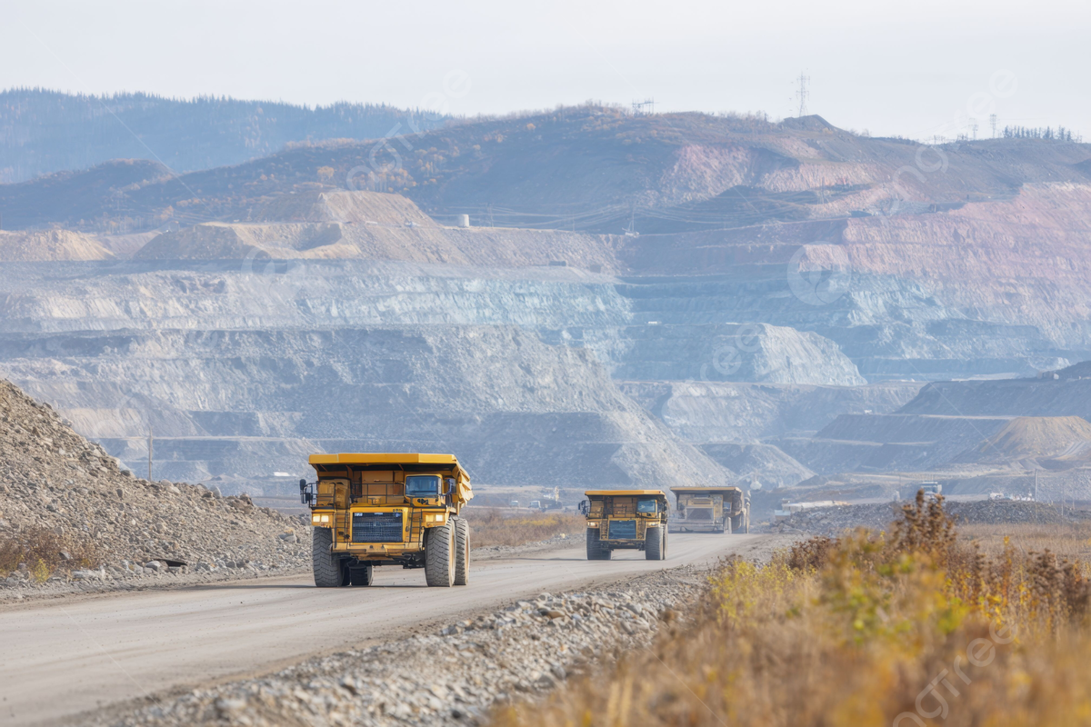1200x800 Three Yellow Trucks Drive Along An Open Pit Mine Road In The Background Is A Large Mining Site With Many Dirt Hills And Rocks, Three, Yellow, Trucks Background Image And Wallpaper for
