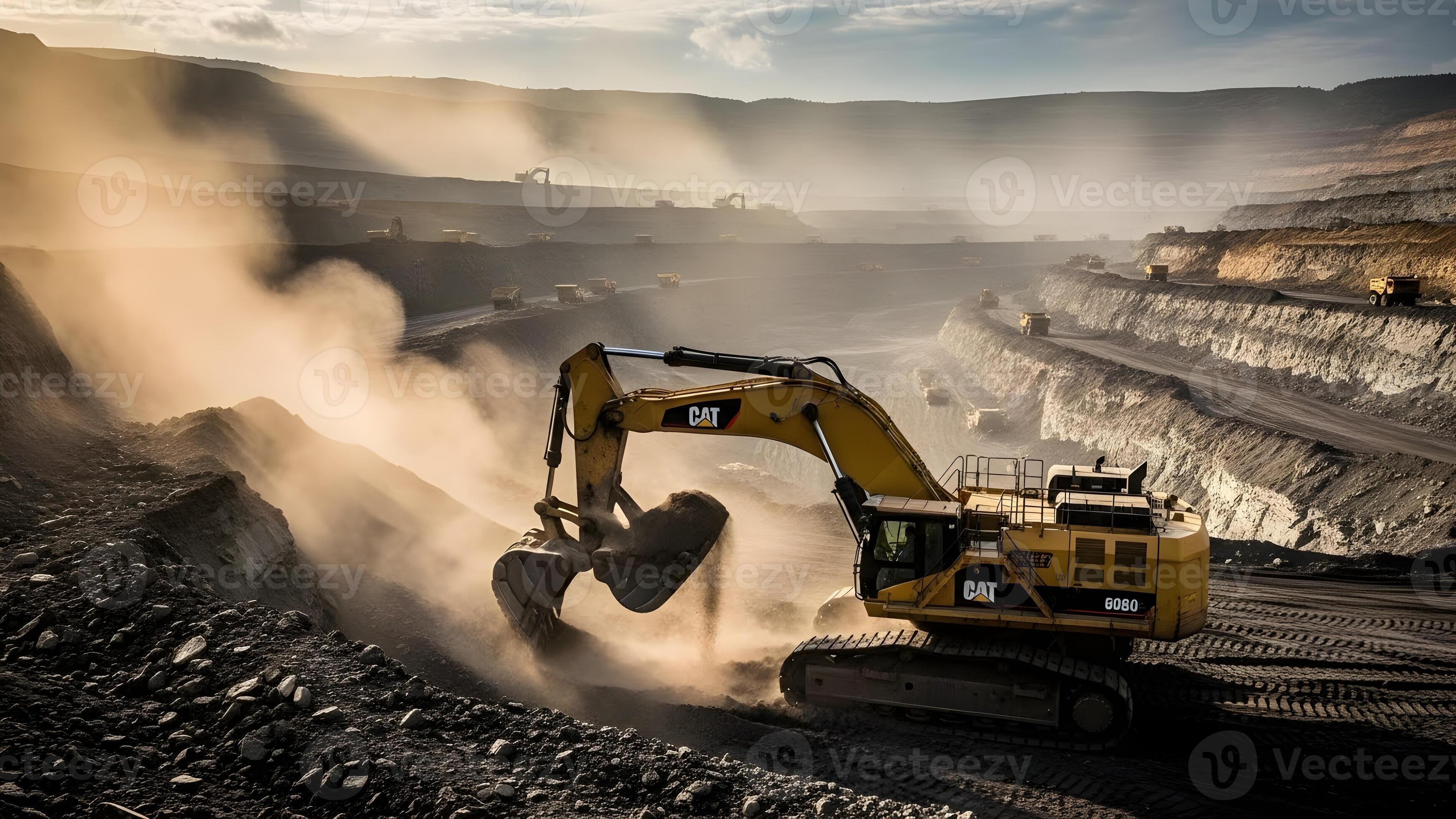 3484x1960 A large yellow excavator works in a dusty open pit mine