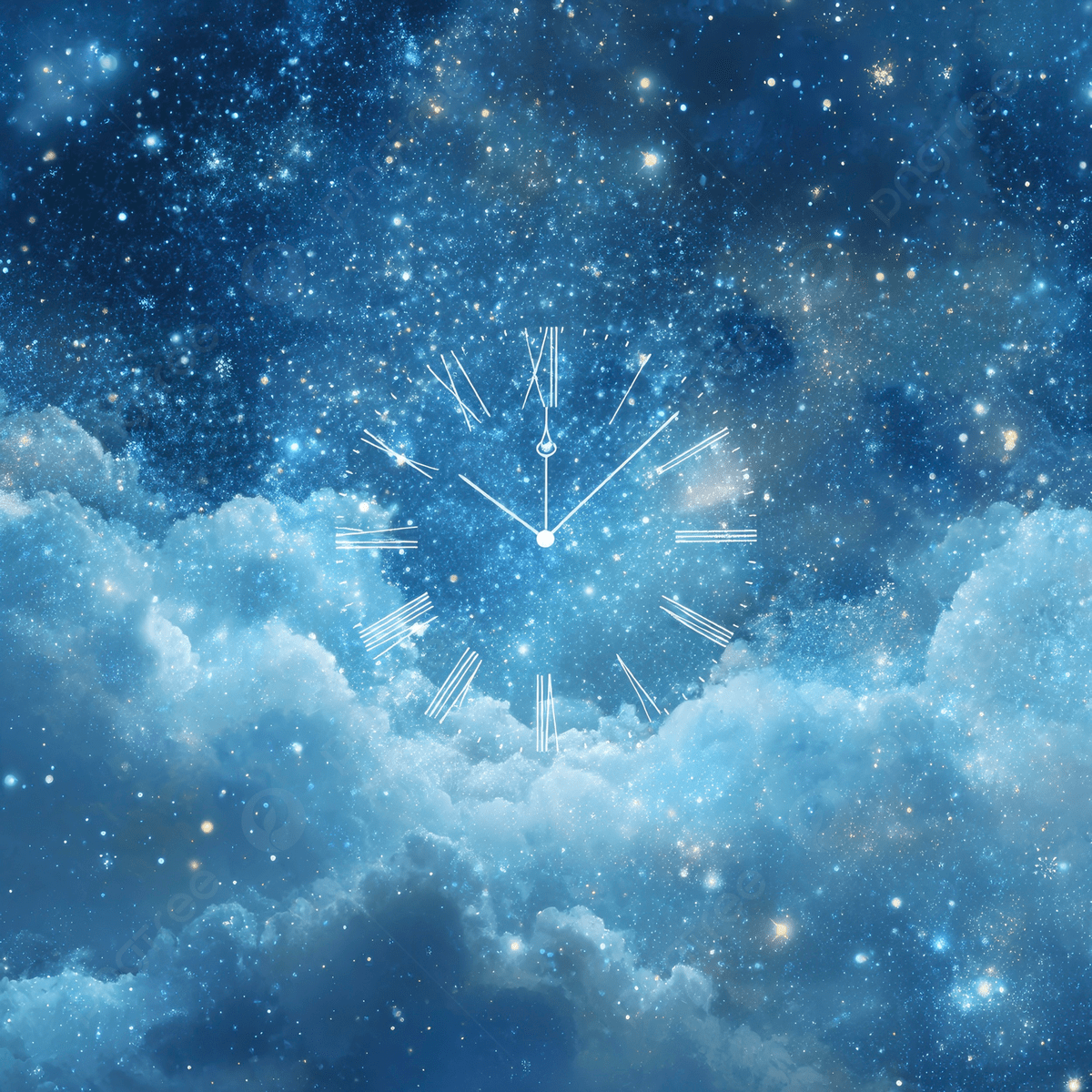 1200x1200 Blue Background With Stars And Clouds A Clock Face Showing Midnight Time Travel Concept, Blue, Background, Stars Background Image And Wallpaper for Free Download