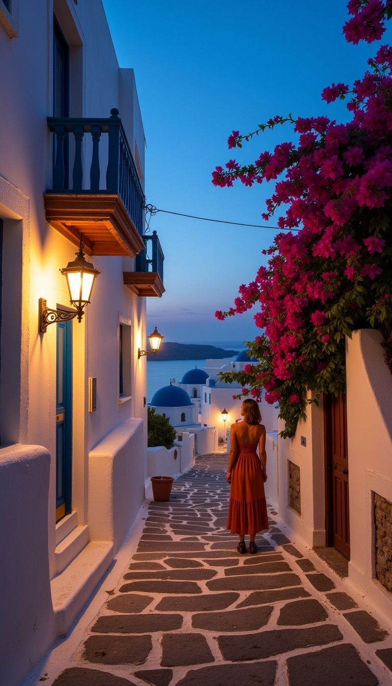 768x1344 Free Santorini Coastal View Image, Greece, Bougainvillea