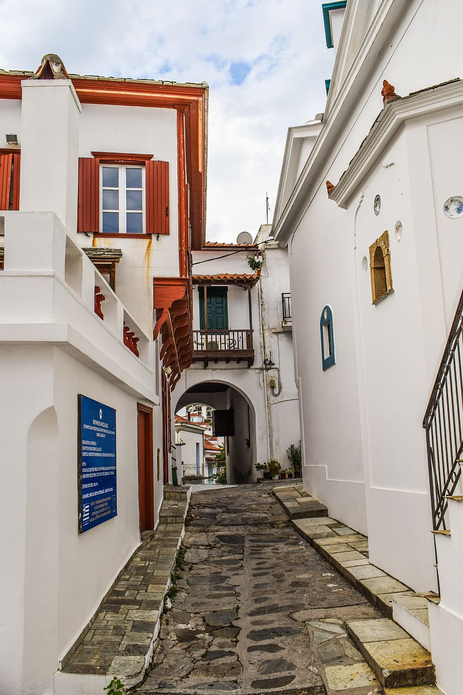 910x1365 HD wallpaper: greece, skopelos, chora, village, street, alley, houses, architecture