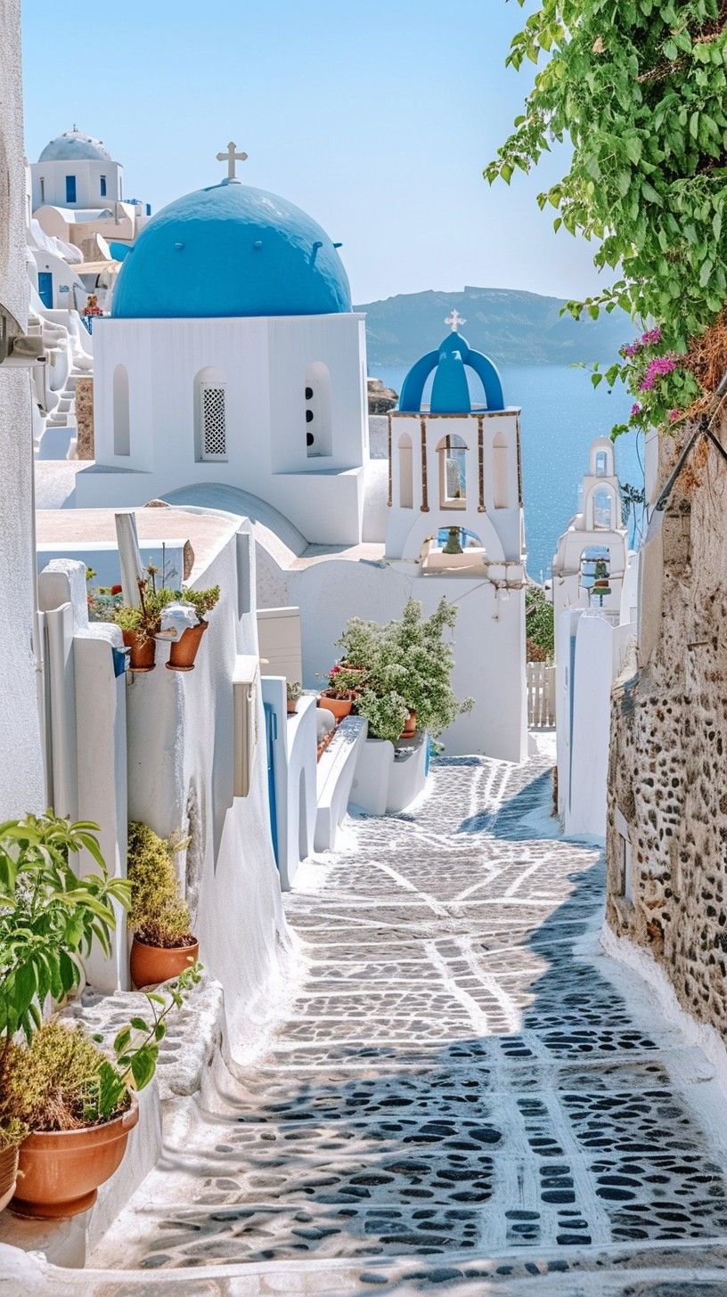 816x1456 Free Santorini Coastal Charm Image, Greece, Alleyway