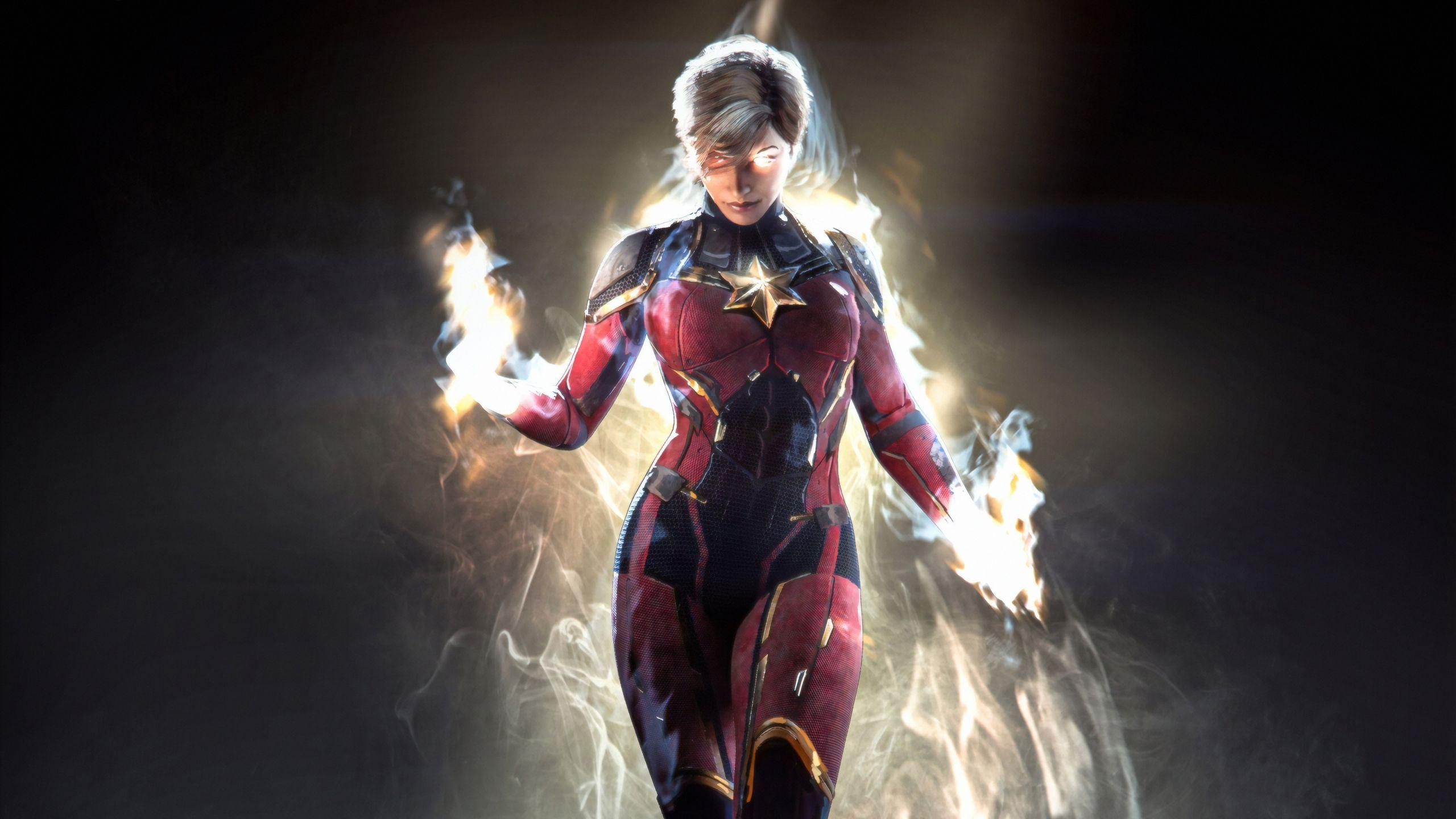 2560x1440 Captain Marvel on fire Wallpaper 4k Ultra HD