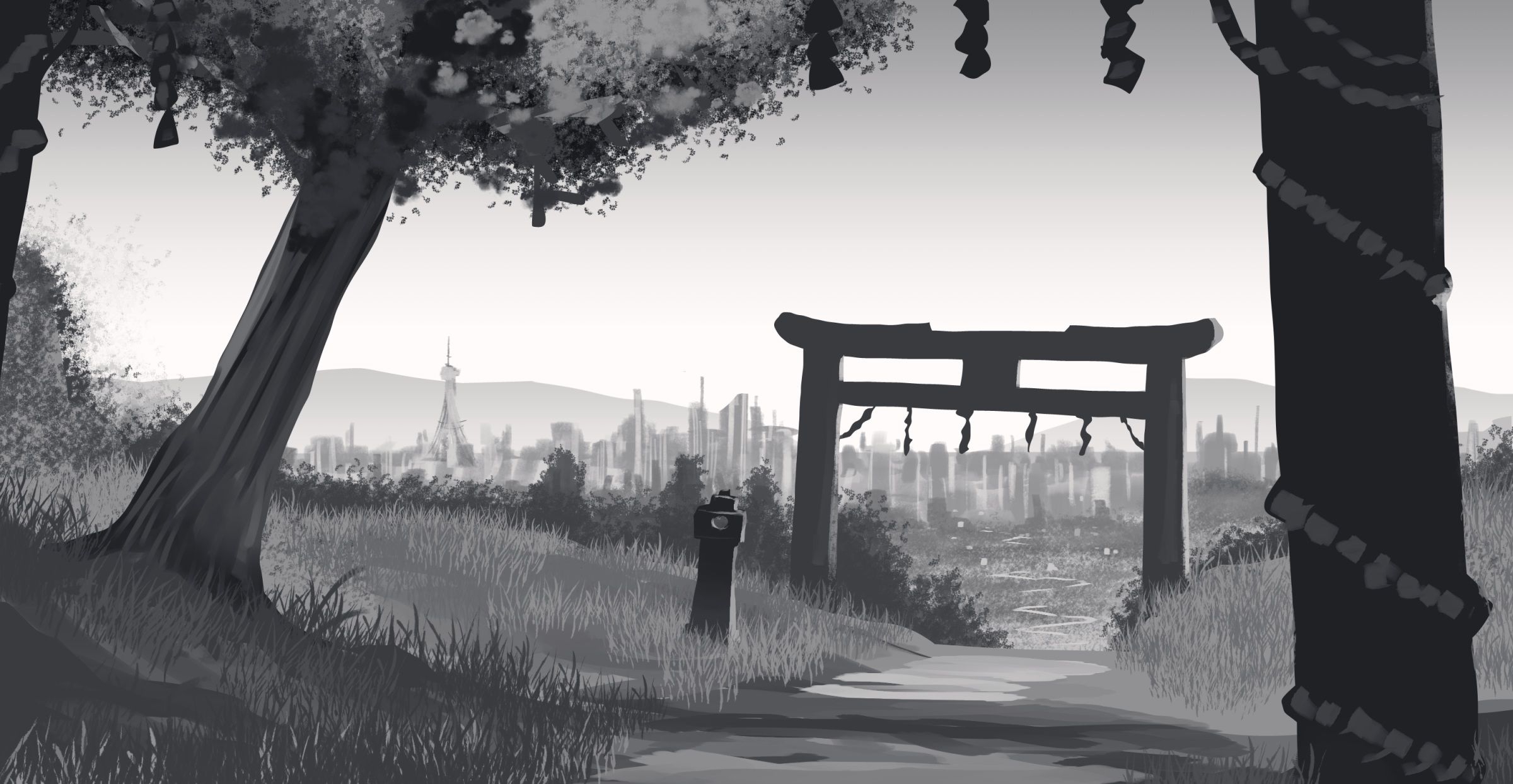 2400x1244 White Torii Gate Wallpaper