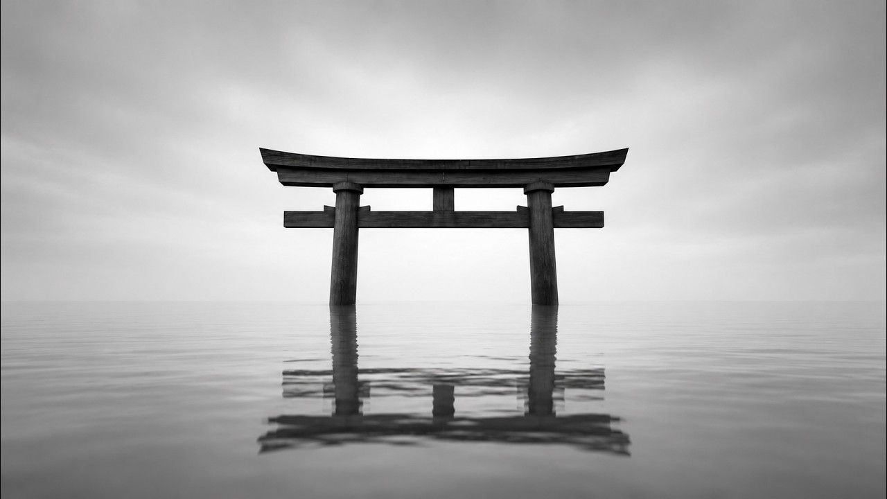 1280x720 Black and White Submerged Torii Gate