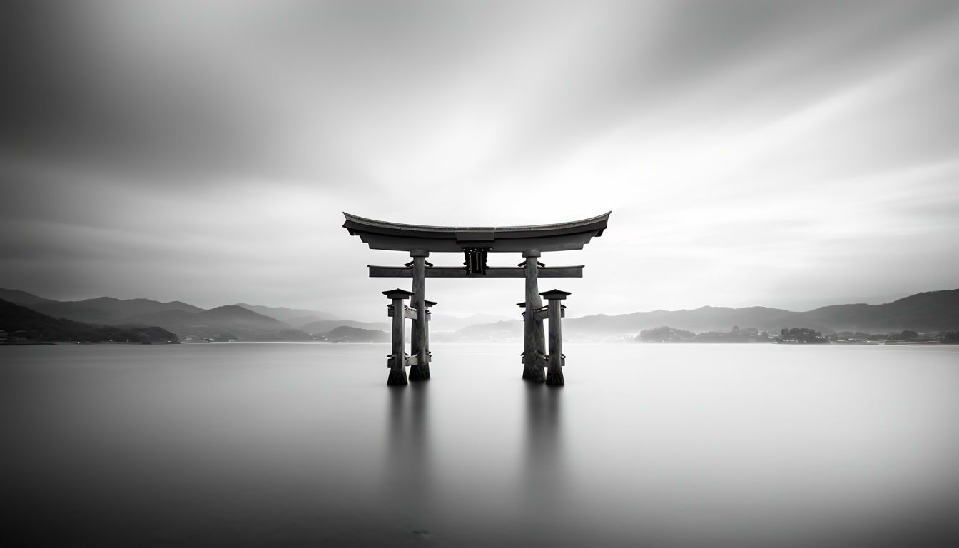 1344x768 Serene Minimalist Black and White Torii Gate Photograph Virtual Background
