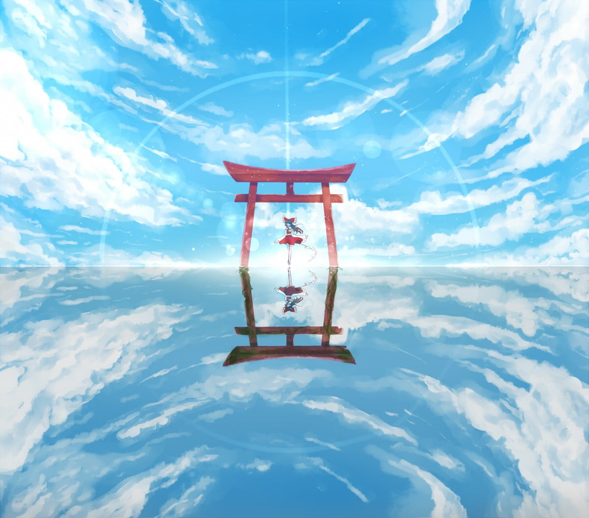 1200x1056 White and blue clouds, anime, Touhou, Hakurei Reimu, torii HD wallpaper
