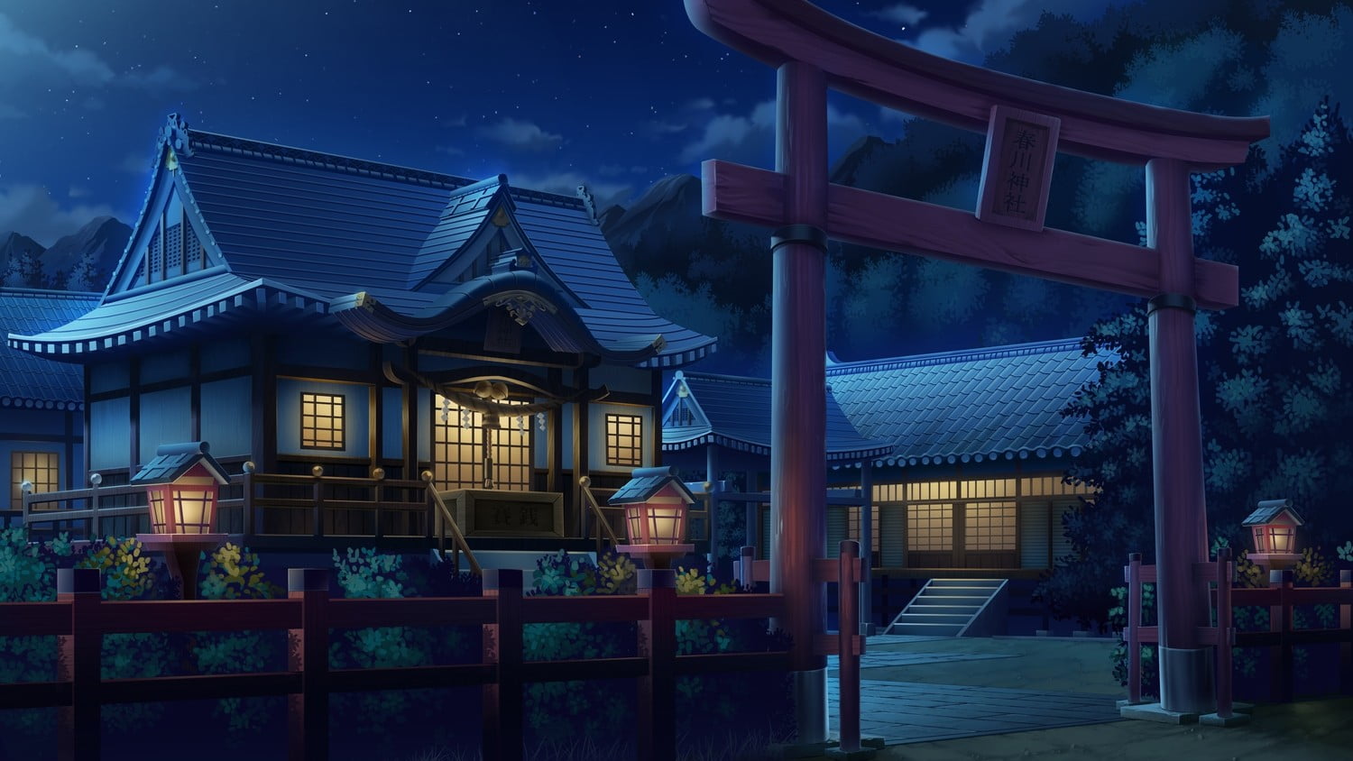 1500x844 White wooden house near red arch wallpaper, anime, torii, artwork, house HD wallpaper