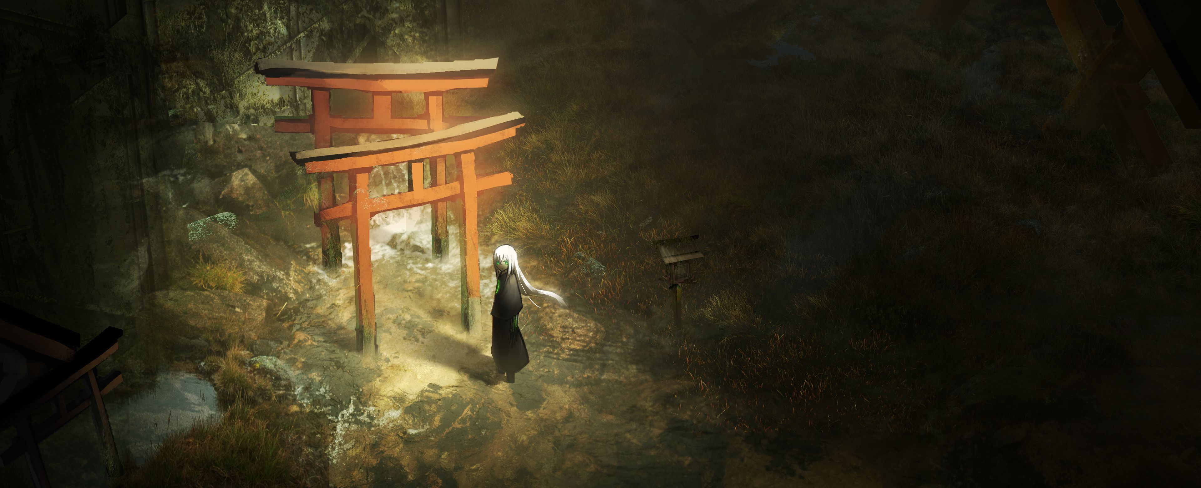 3840x1560 Desktop wallpaper: Anime, Original, Torii, White Hair 4K free download for PC. 883749