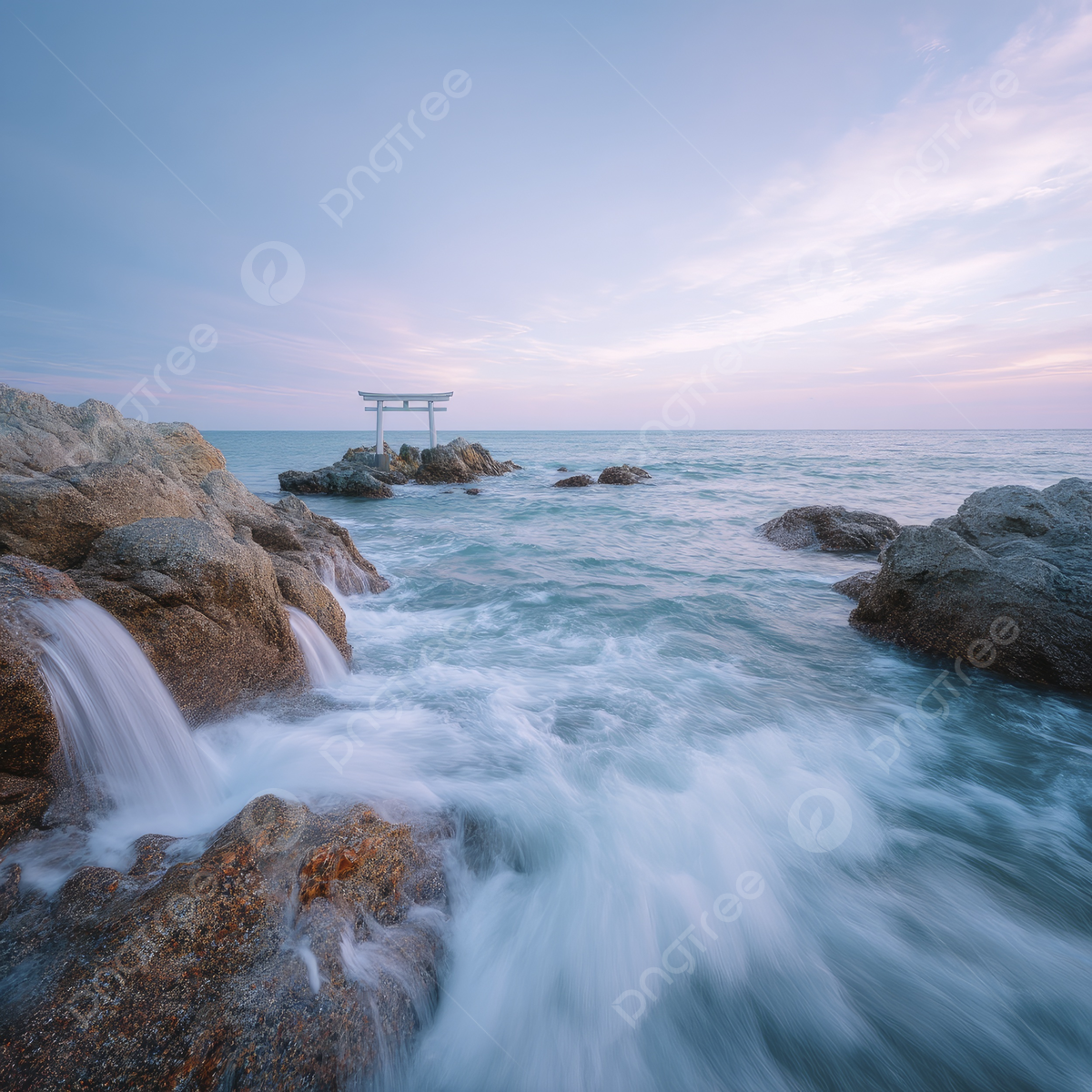 1200x1200 A White Torii Gate Stands On Rocks In The Middle Of Sea Surrounded By Waterfalls And Waves, Sea, Waterfalls, Rocks Background Image And Wallpaper for Free Download