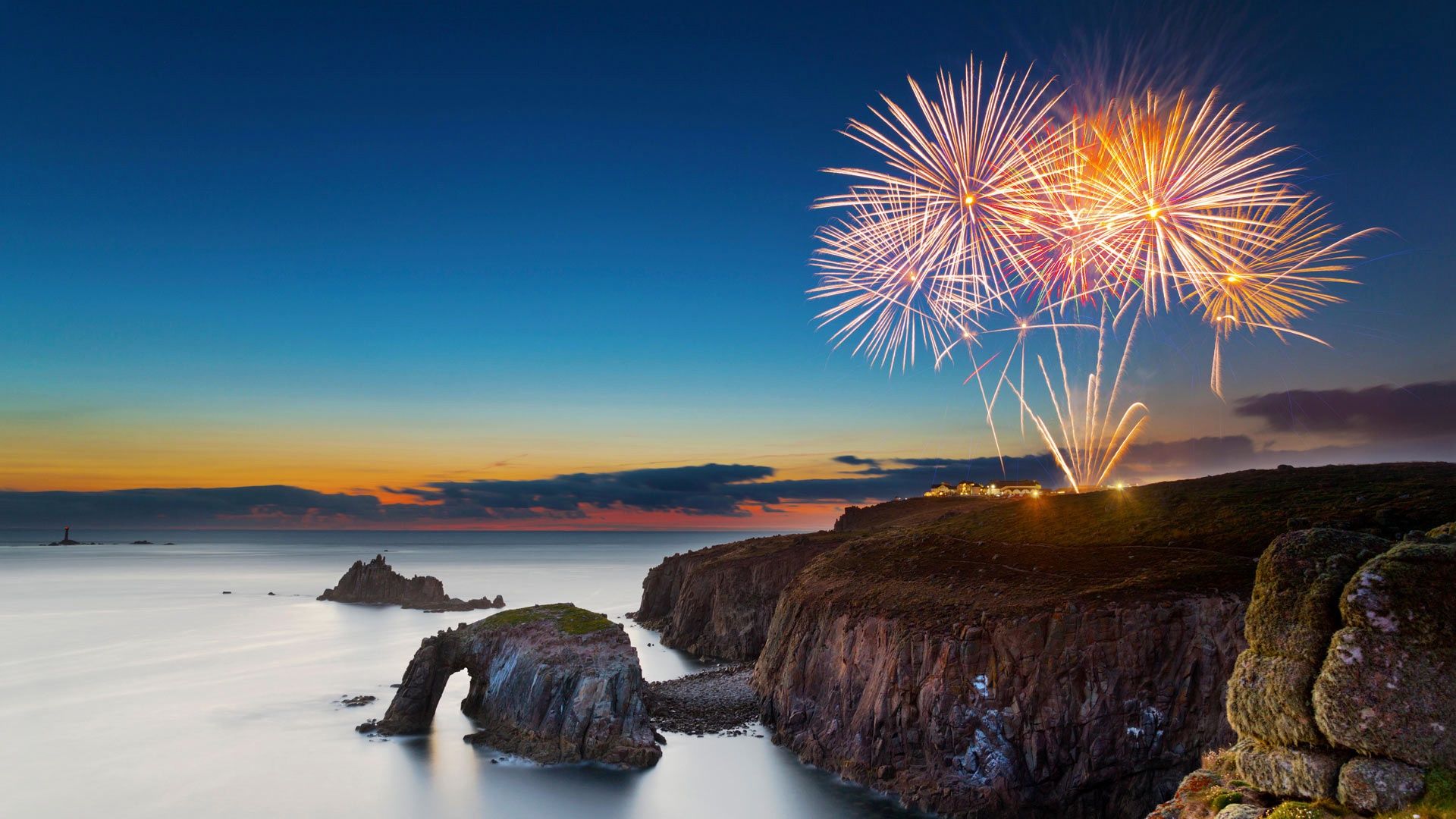 1920x1080 Wallpaper sea, rocks, holiday, England, salute, fireworks, Cornwall, Land's End for mobile and desktop, section пейзажи, resolution 1920x1080