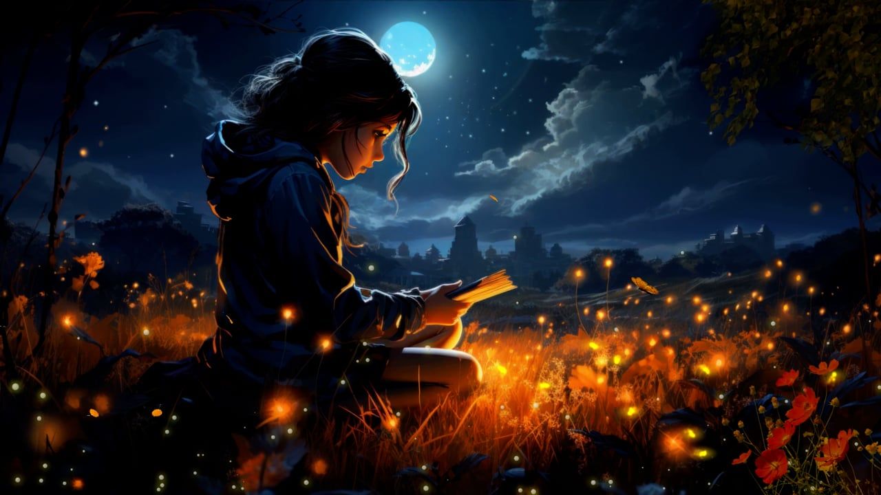 1280x720 Girl, Book, Fireflies, Moon
