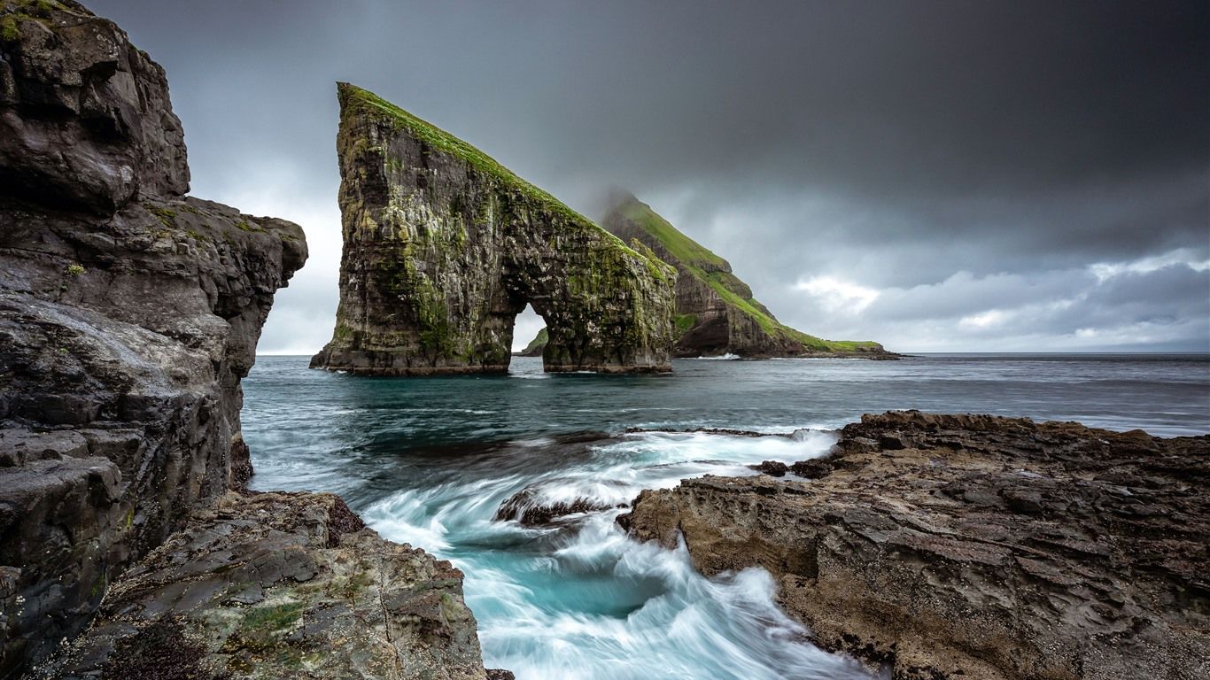 1366x768 Vagar Faroe Islands Coast Rocks Landscape 5K