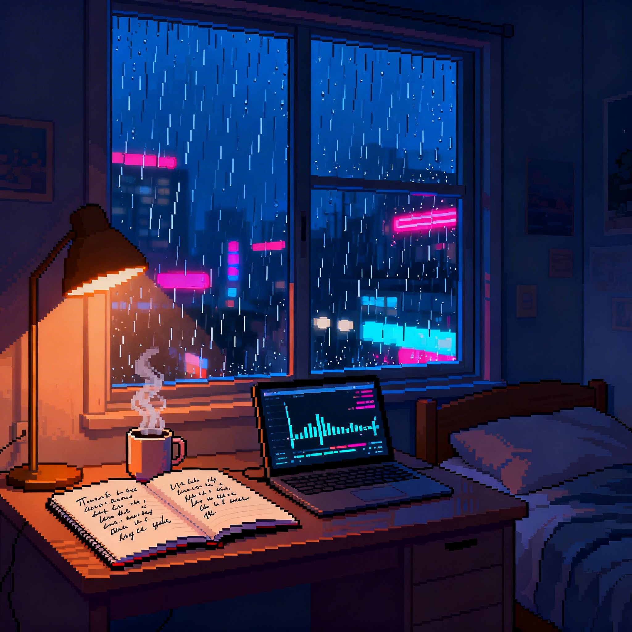 2048x2048 pixel art album cover cozy small bedroom night