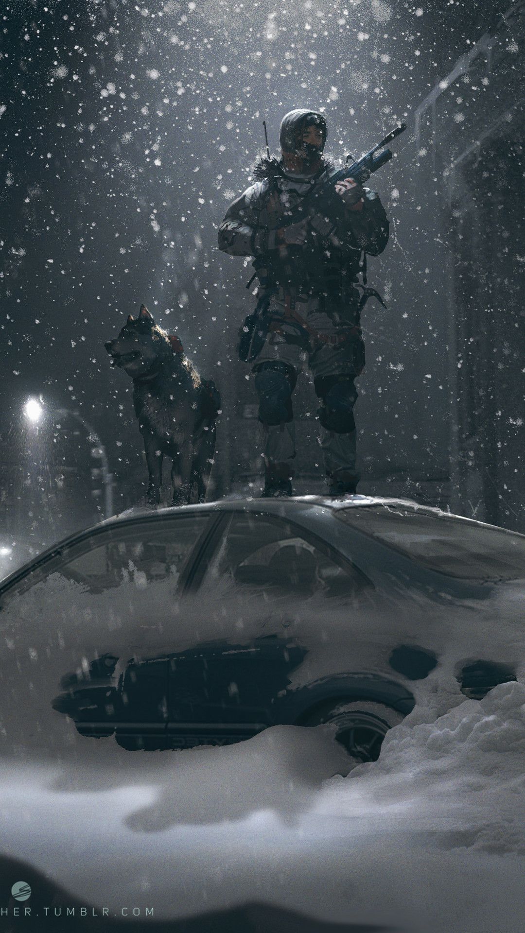 1080x1920 Phone wallpaper: Artistic, Winter, Snowfall, Soldier, Military, Dog, Night 1431869