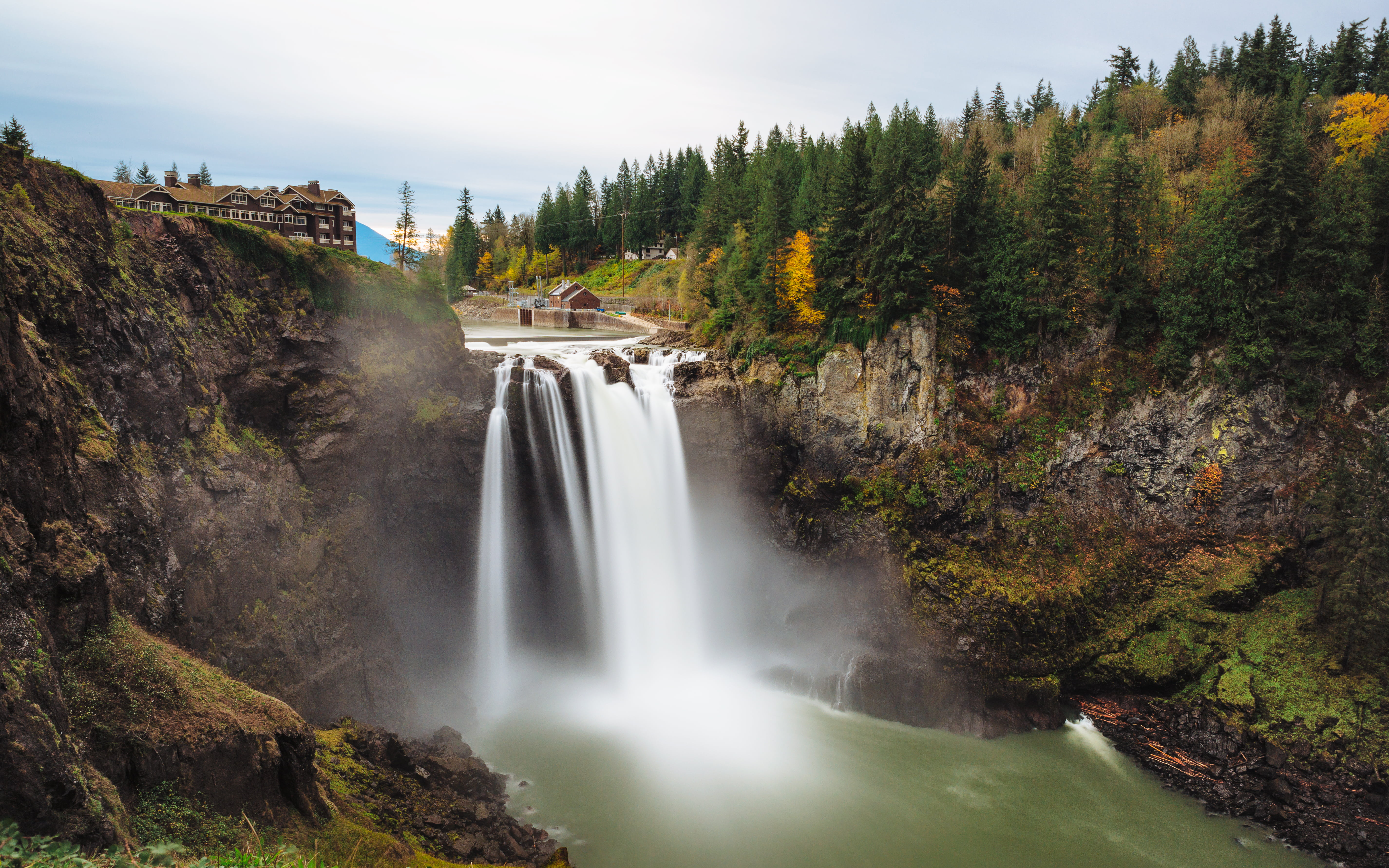 5702x3564 Time lapse and landscape photography of water falls surrounded by pine trees HD wallpaper