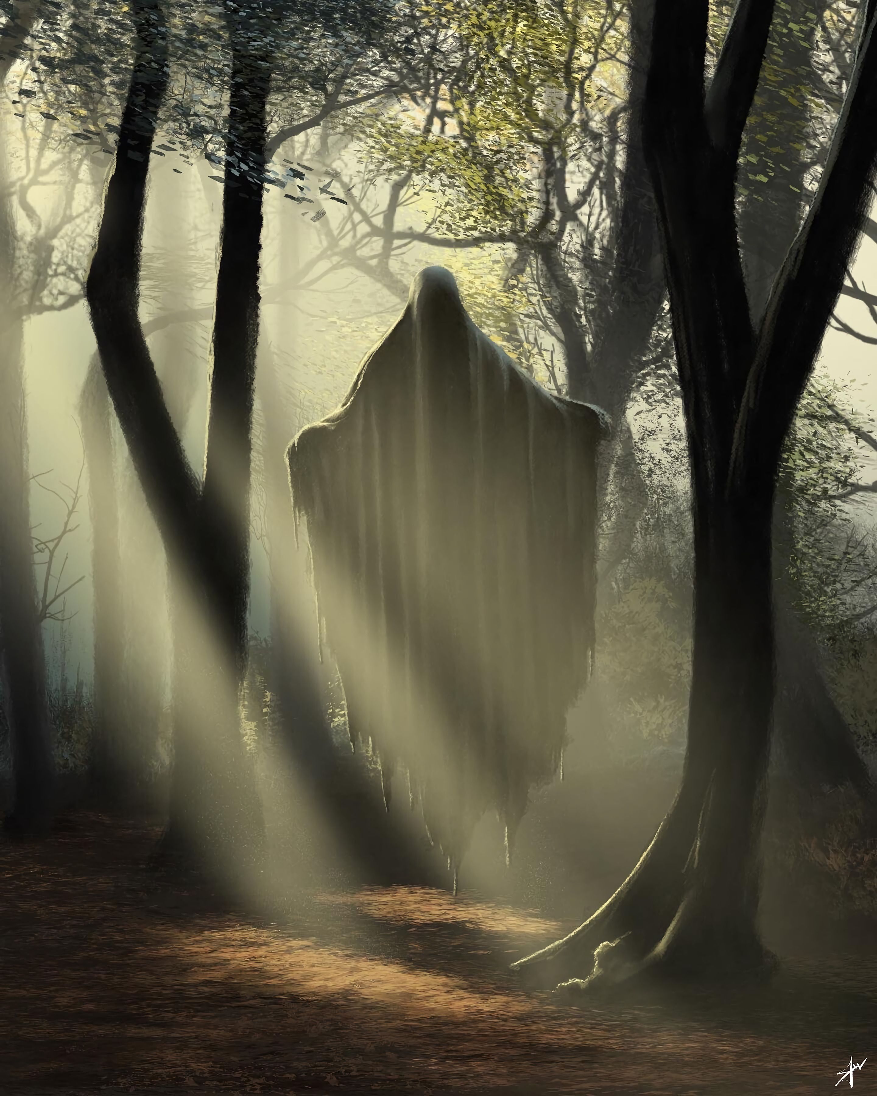 2880x3600 Download wallpaper 2880x3600 ghost, silhouette, trees, forest, light, art, fantasy HD background