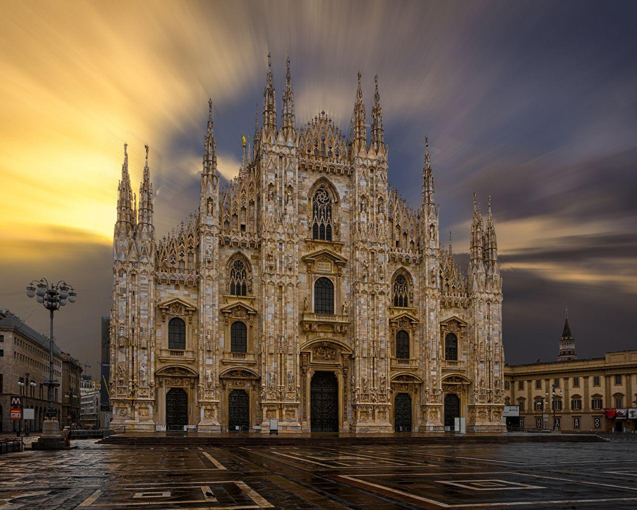 1280x1024 Image Church Italy Town square Milan Cathedral temple Evening Street