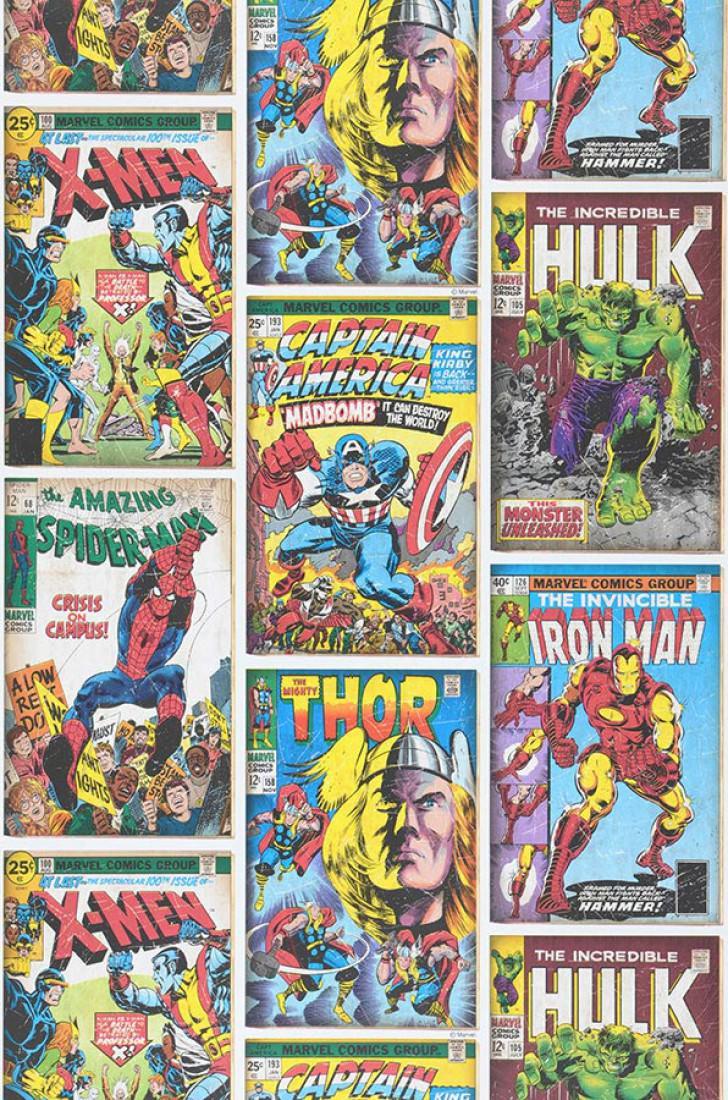 728x1100 Wallpaper 1960s Marvel Heroes Cream, Beige, Blue, Yellow, Green