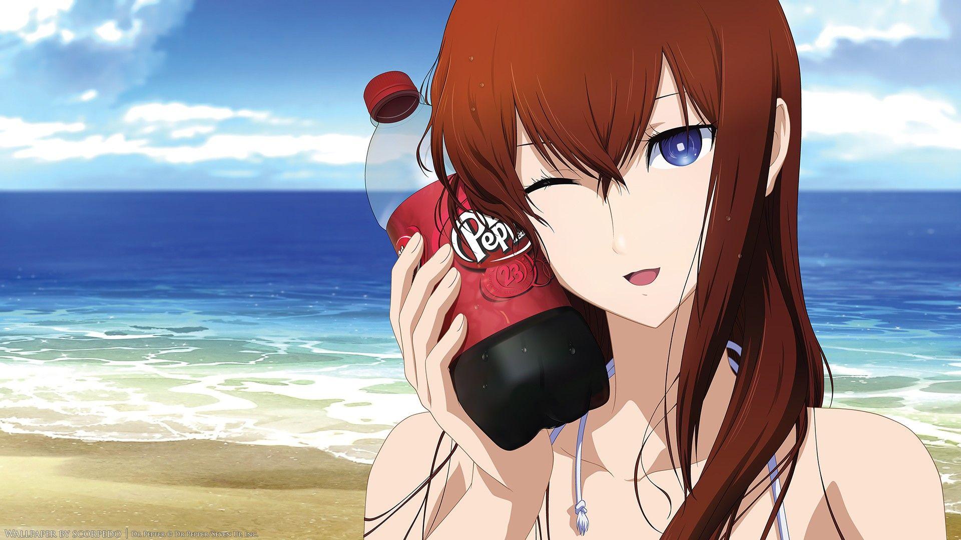 1920x1080 beach, Sea, Dr Pepper, Steins;Gate, Makise Kurisu Wallpaper HD