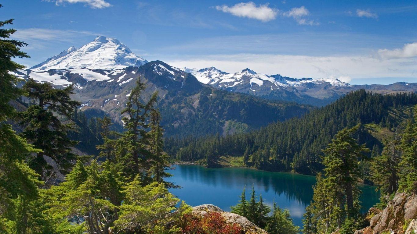 1366x768 Free download Lake Mountain Forest Desktop Wallpaper