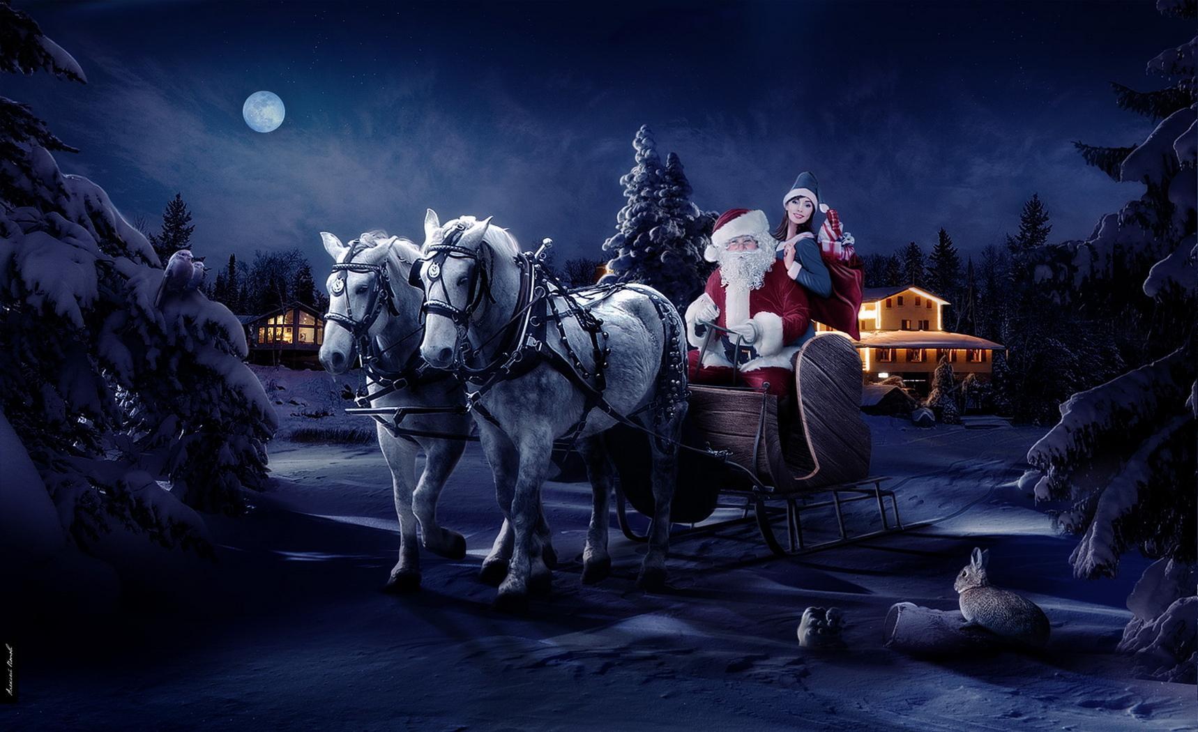 1718x1050 Desktop Wallpaper New year Sled Santa Claus Holidays