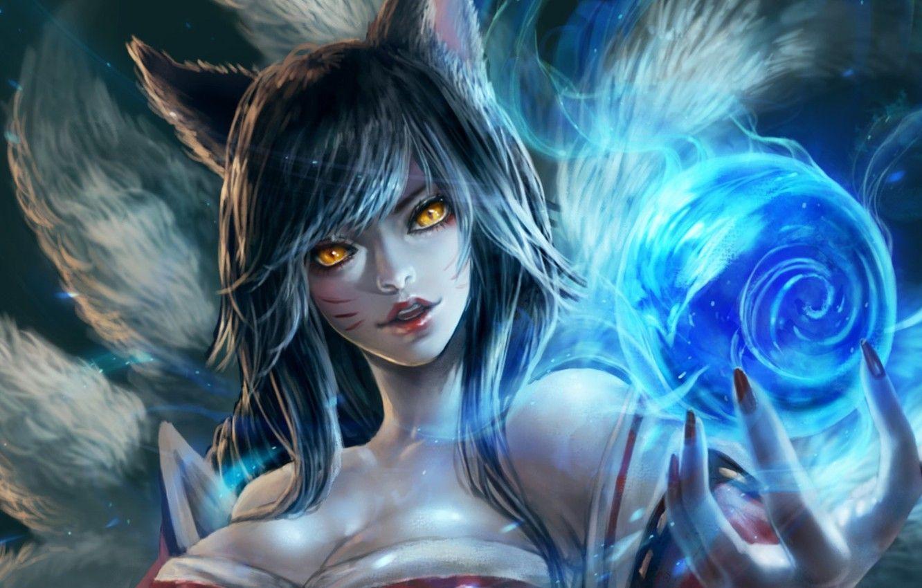 1332x850 Wallpaper Girl, Fox, Magic, League of Legends, Ahri, Tail, Ears