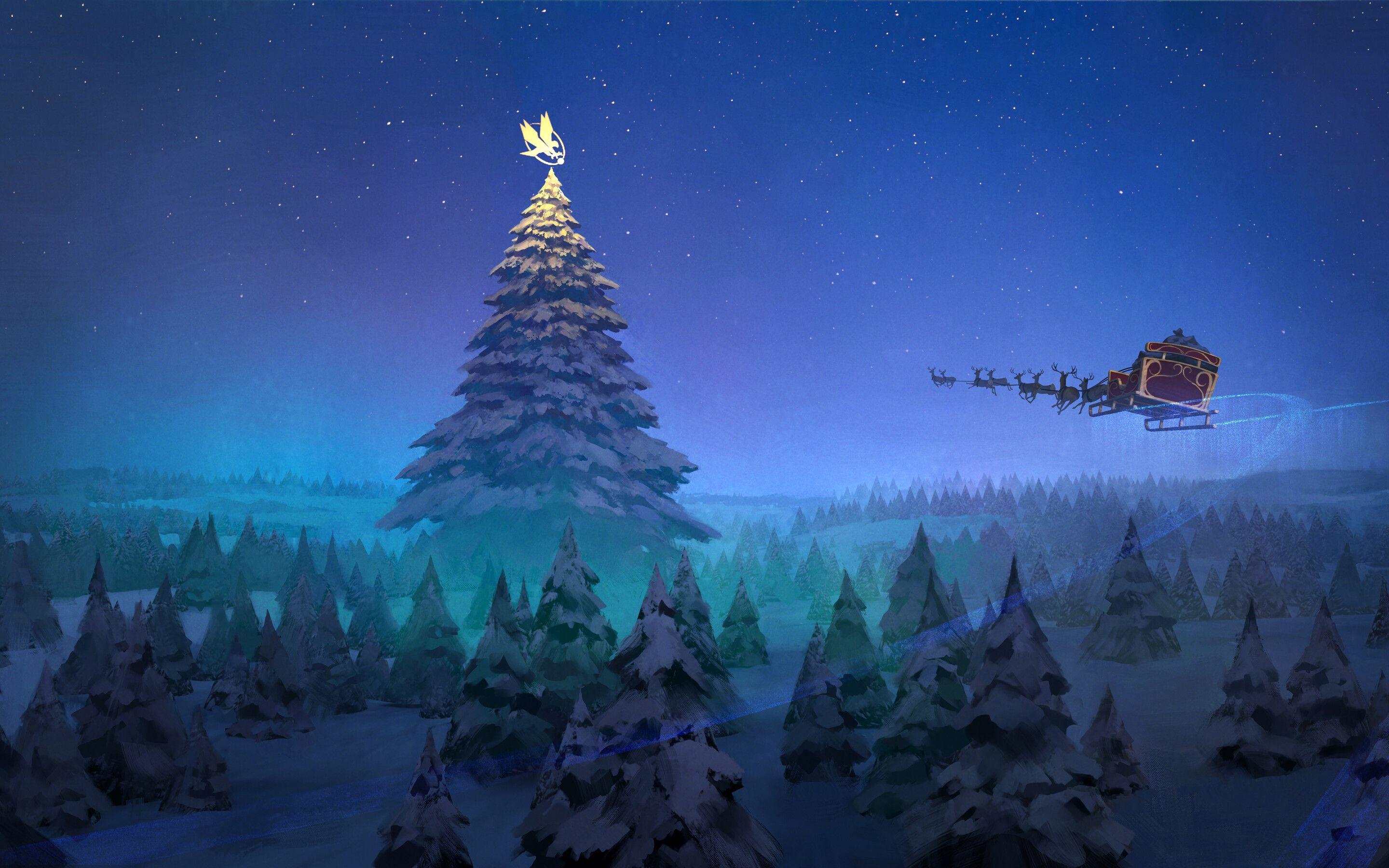 2880x1800 Santa Claus Reindeer Sleigh Flying Christmas Tree 8k Macbook Pro Retina HD 4k Wallpaper, Image, Background, Photo and Picture