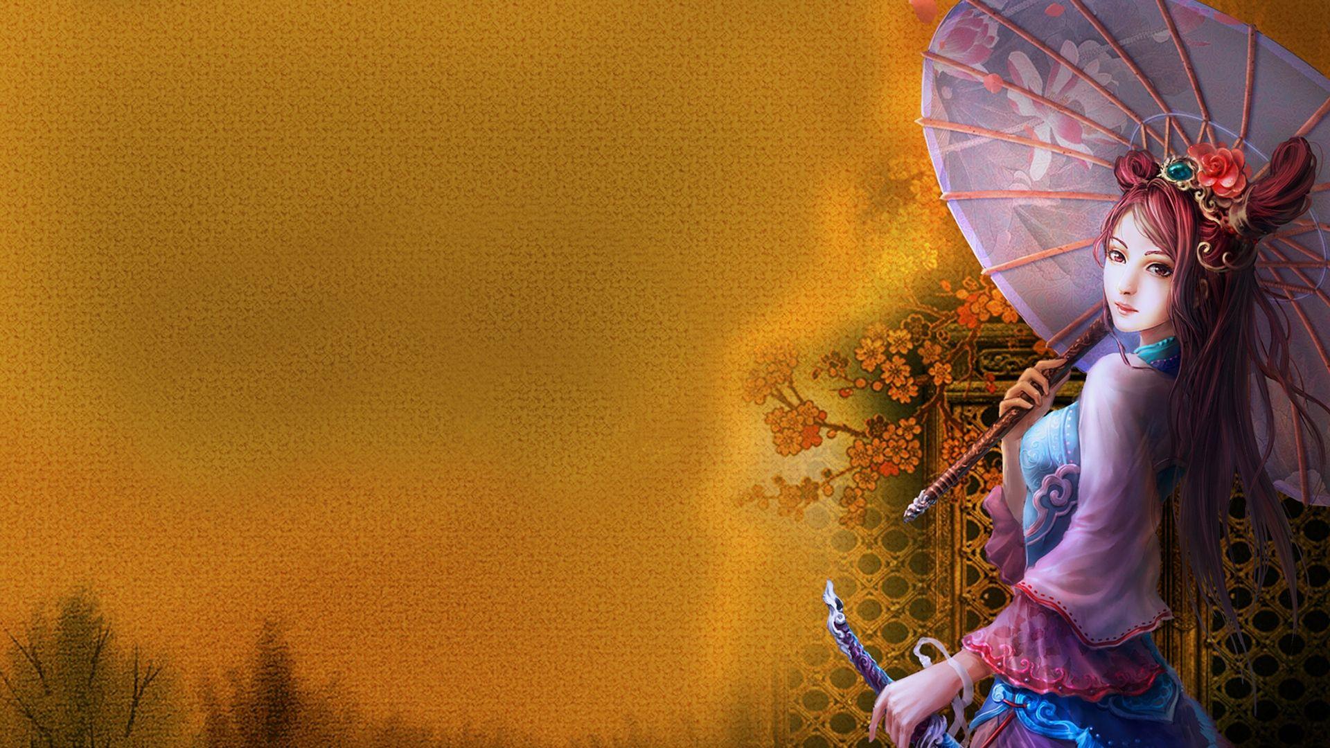 1920x1080 Download Wallpaper 1920x1080 girl, umbrella, kimono, japan Full HD