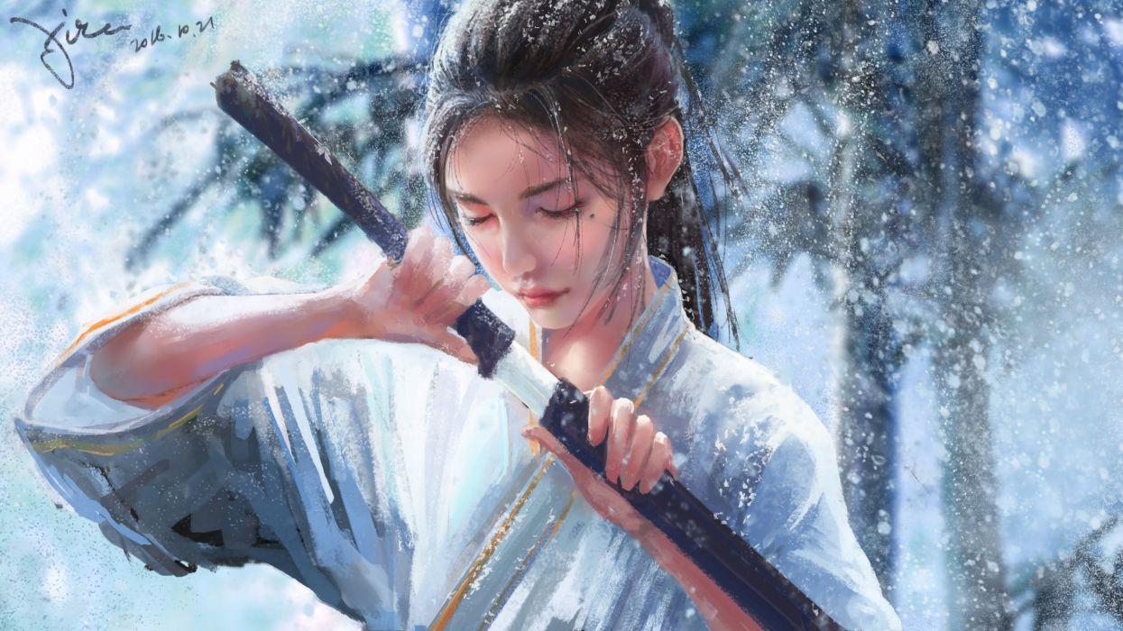 1245x700 Japanese women fantasy girl katana kimono ponytail snow winter