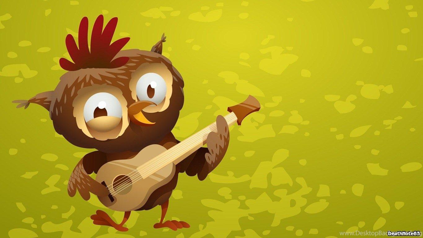 1366x768 Art Owl Guitar Funny Cartoon Wallpaper Desktop Background