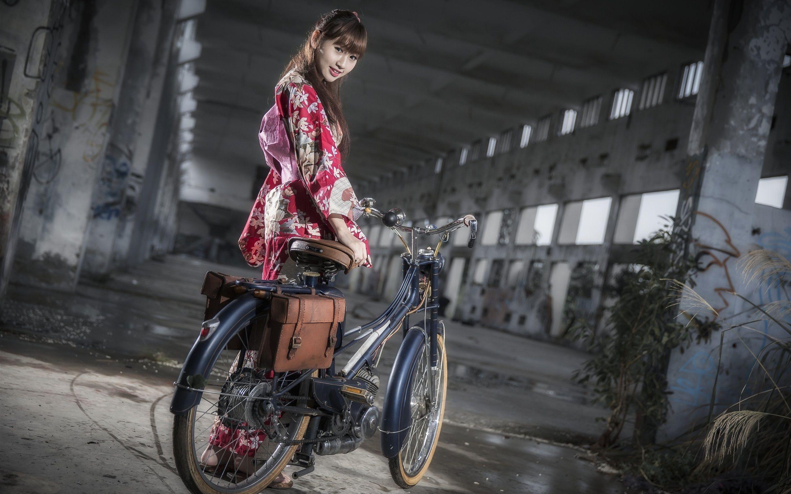 2560x1600 Japanese girl, bike, kimono, night wallpaper