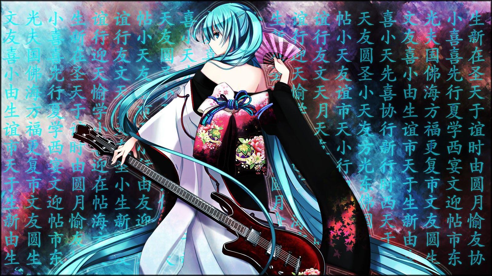 1600x900 Vocaloid, back, Hatsune Miku, japanese, long hair, kimono