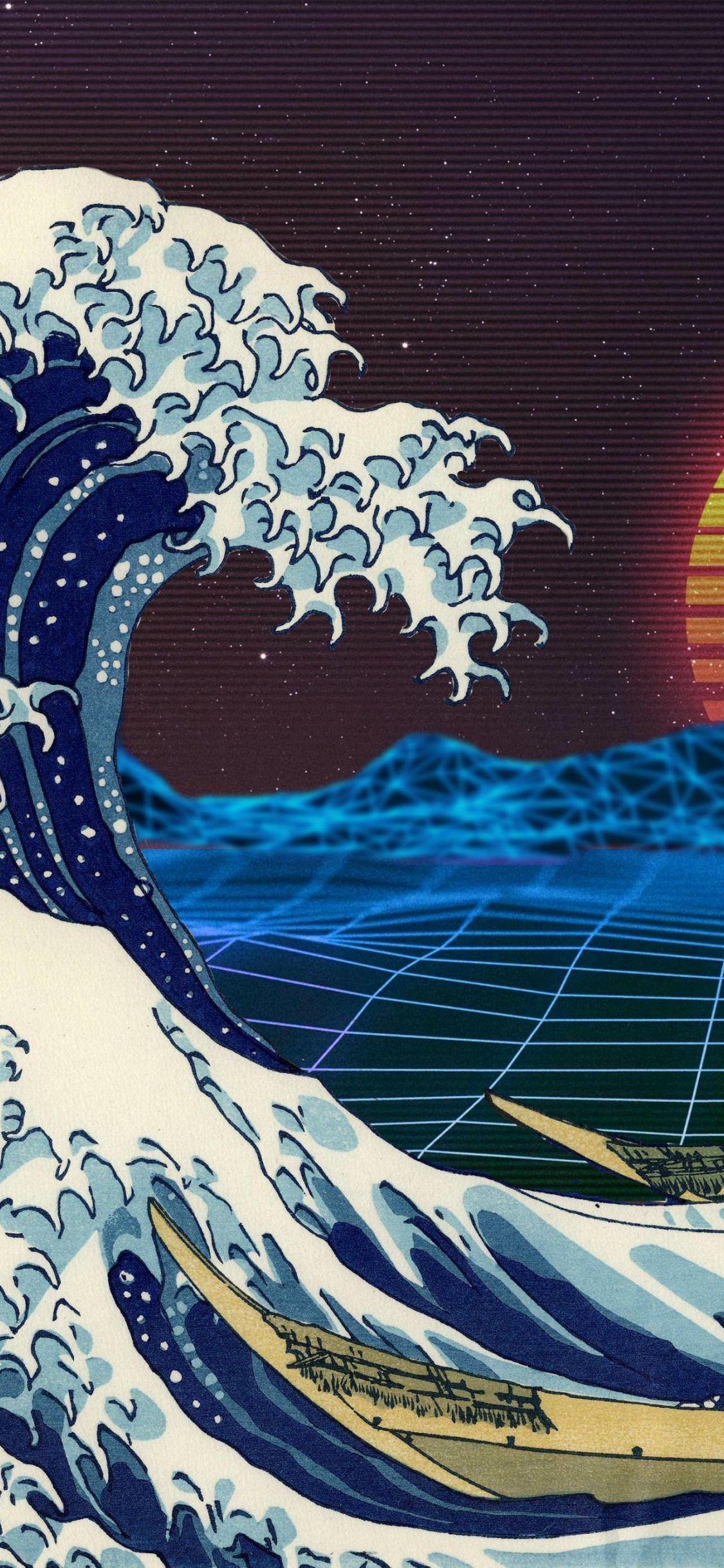 1125x2436 Download 1125x2436 wallpaper retro, art, tide, sea waves, moon, iphone x 1125x2436 HD image, background, 16535