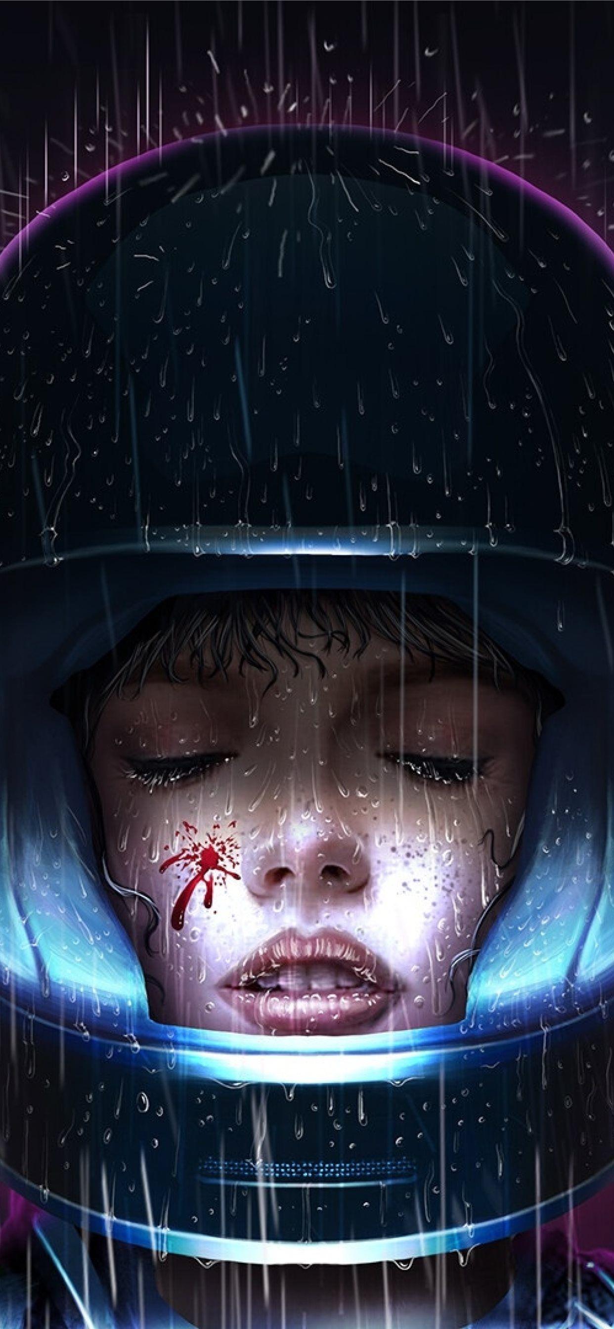 1242x2688 Girl With Helmet In Rain Retro Art Sony Xperia X X. iPhone X Wallpaper Free Download