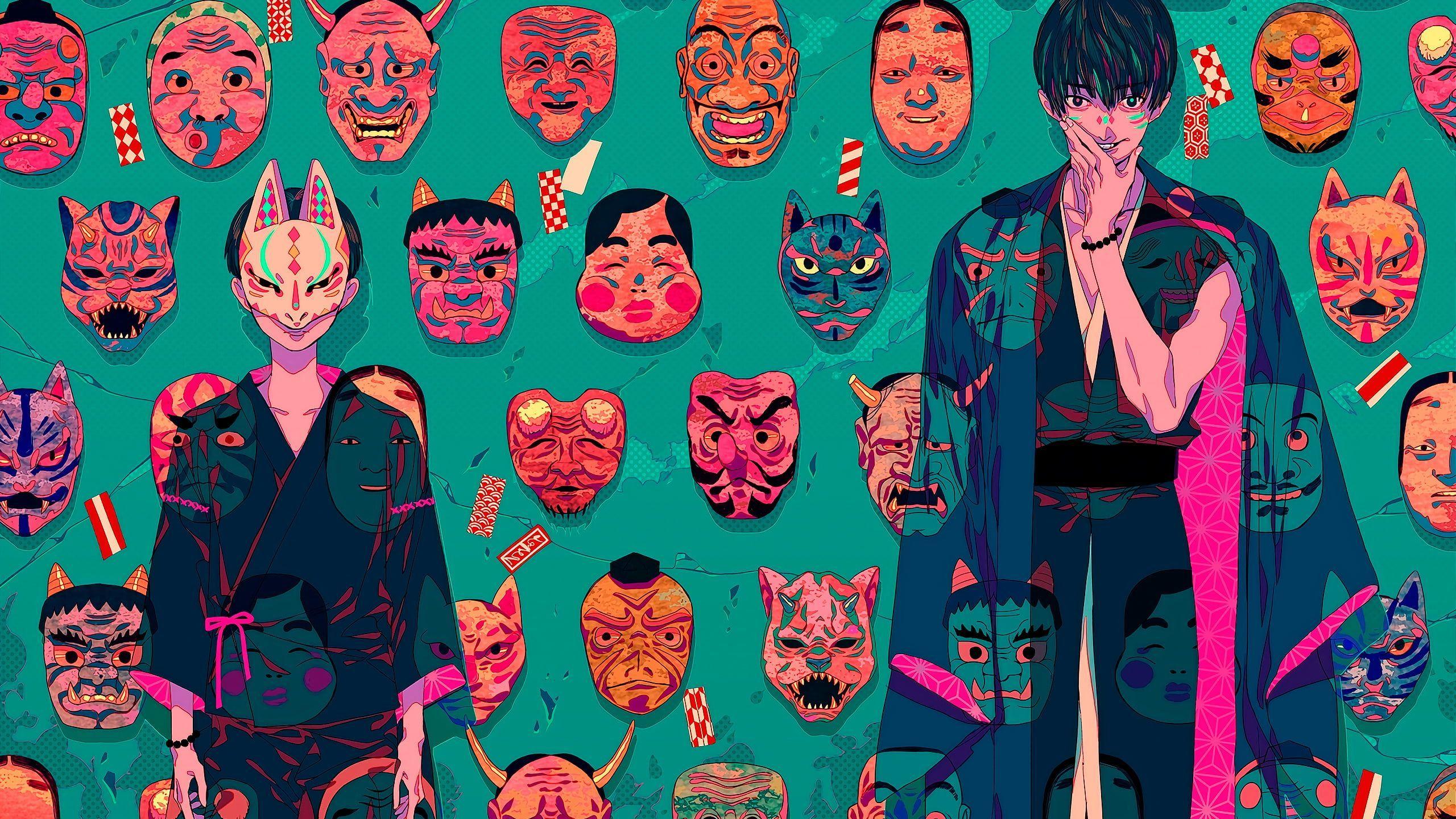 2560x1440 Akiakane oni mask #Japan #samurai green background K #wallpaper